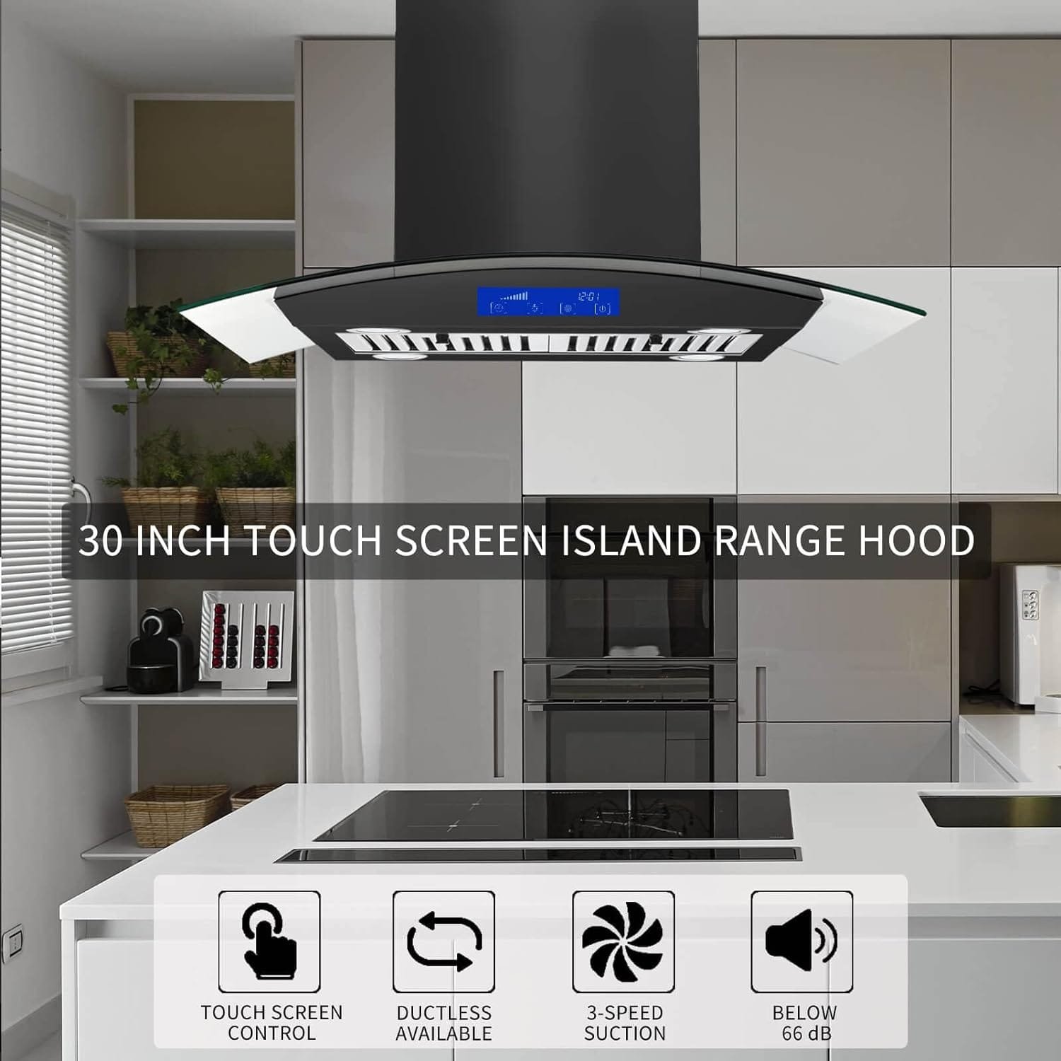30 Inch Island Range Hood Black 700CFM Stainless Steel Convertible, Ceiling Mount Vent Hood with Tempered Glass, Kitchen Exhaust Fan, LED lights, LCD Touch Panel, Permanent Grease Filters