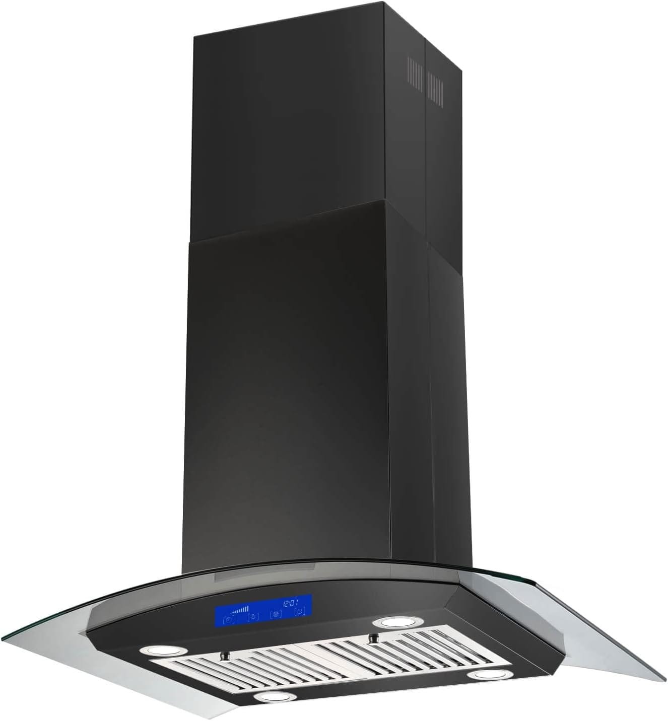 30 Inch Island Range Hood Black 700CFM Stainless Steel Convertible, Ceiling Mount Vent Hood with Tempered Glass, Kitchen Exhaust Fan, LED lights, LCD Touch Panel, Permanent Grease Filters