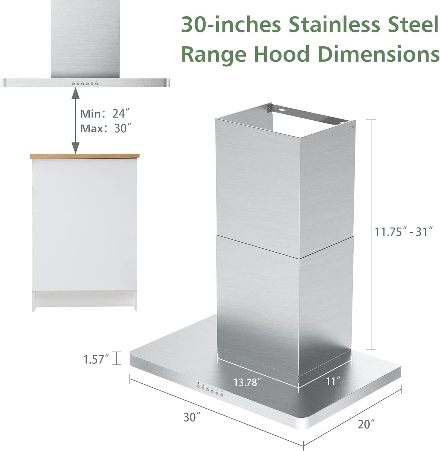 30 Range Hood - 900 CFM Stainless Steel Wall Mount Kitchen Exhaust with 4 Speed Fan, LED Lights, Push Button, Ultra-thin Body, Chimney Style Stove Vent Hood  Ducted Exhaust Vent