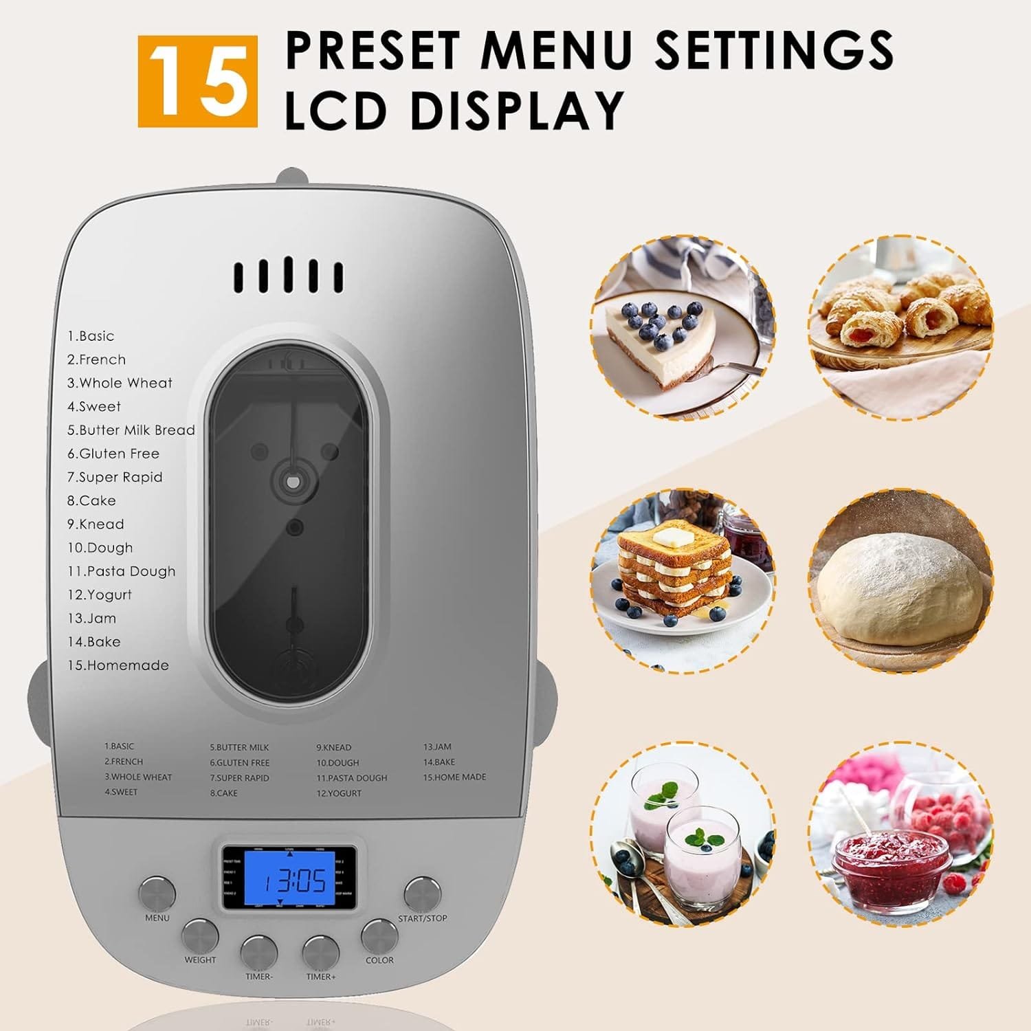 3.3LB Bread Maker Machine Automatic Bread Machine with Dual Kneading Paddles 15-in-1 Breadmaker Dough Maker with Gluten Free Setting, 3 Loaf Sizes 3 Crust Colors, Nonstick Baking Pan, White