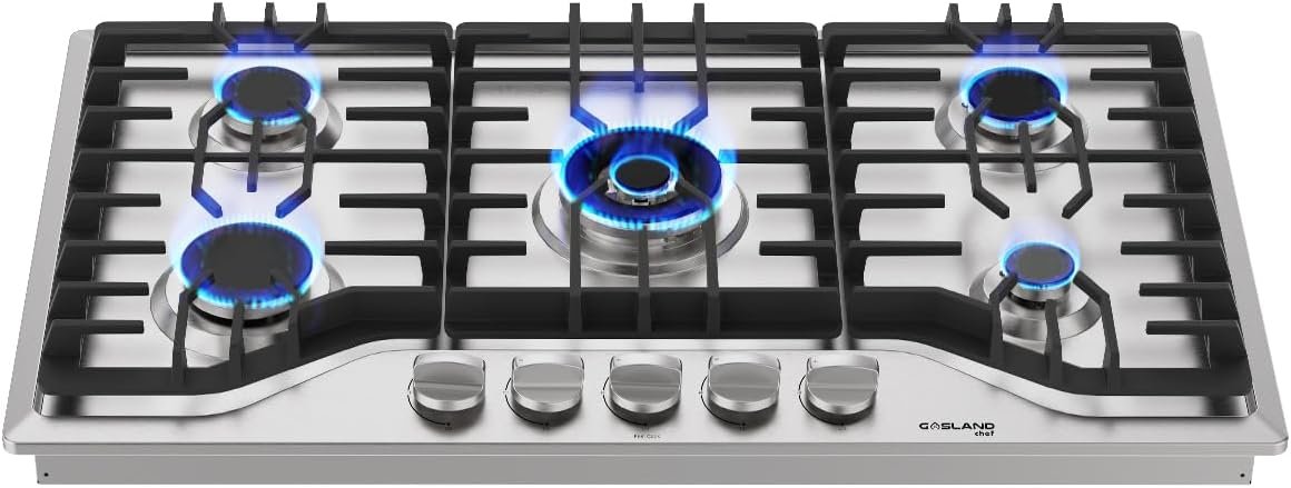 36 Inch Gas Cooktop, GASLAND Chef Built-in Gas Stovetop, 3.9 ft Cord Plug, 5 Italy Sabaf Burner, 41,300 BTU NG/LPG Convertible, Auto Electric Ignition, Thermocouple Protection 36 Inch Gas Cooktop, GASLAND Chef Built-in Gas Stovetop, 3.9 ft Cord Plug, 5 Italy Sabaf Burner, 41,300 BTU NG/LPG Convertible, Auto Electric Ignition, Thermocouple Protection