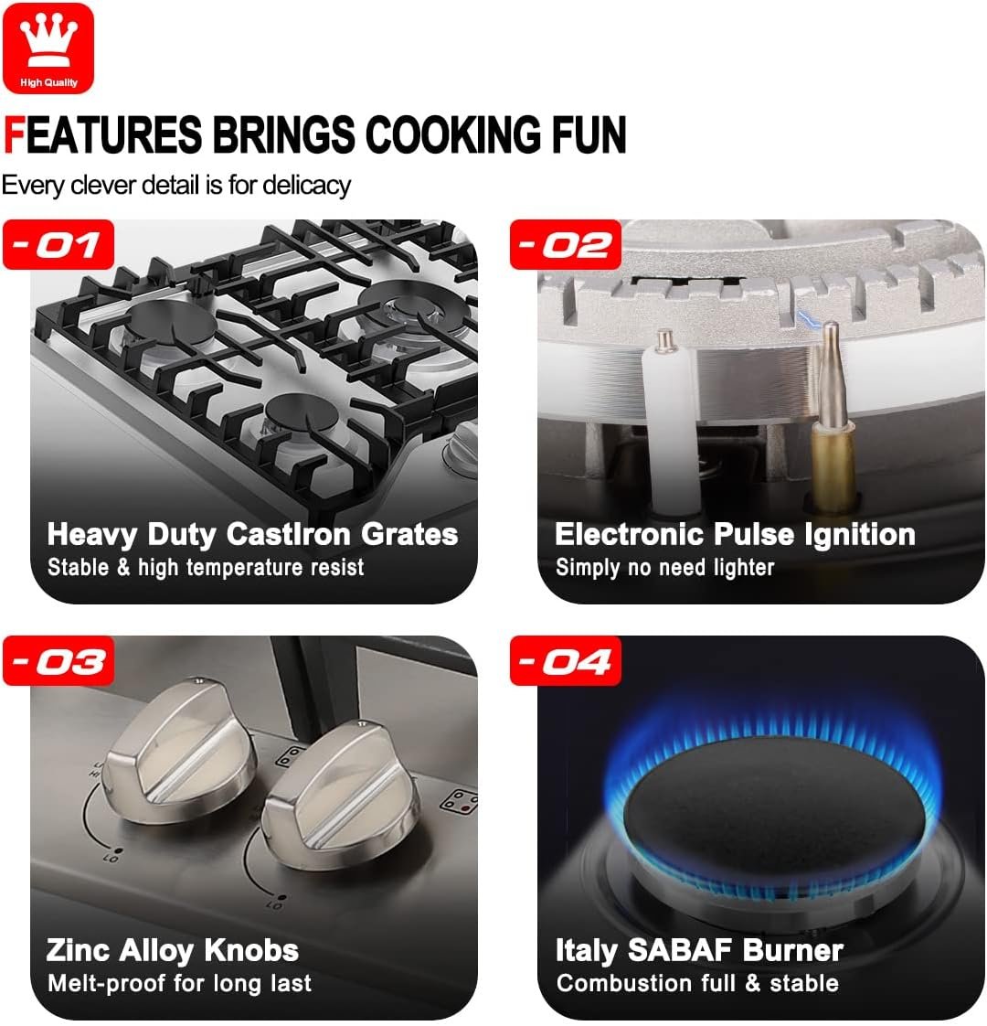 36 Inch Gas Cooktop, GASLAND Chef Built-in Gas Stovetop, 3.9 ft Cord Plug, 5 Italy Sabaf Burner, 41,300 BTU NG/LPG Convertible, Auto Electric Ignition, Thermocouple Protection 36 Inch Gas Cooktop, GASLAND Chef Built-in Gas Stovetop, 3.9 ft Cord Plug, 5 Italy Sabaf Burner, 41,300 BTU NG/LPG Convertible, Auto Electric Ignition, Thermocouple Protection