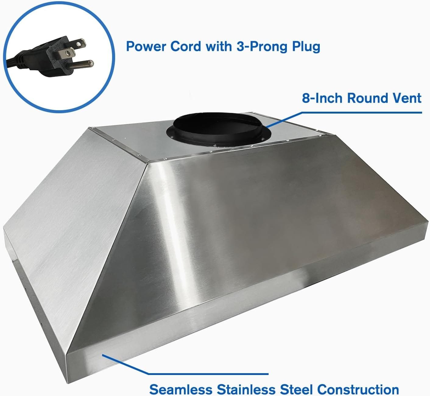 36-inch Range Hood Insert with Inline Remote Blower, CT Copper Tailor 1260CFM Kitchen Vent Hood, 4-Speed Exhaust Fan, 2 LED Lights, 8 Round Ducted,Baffle Filters, in Stainless Steel