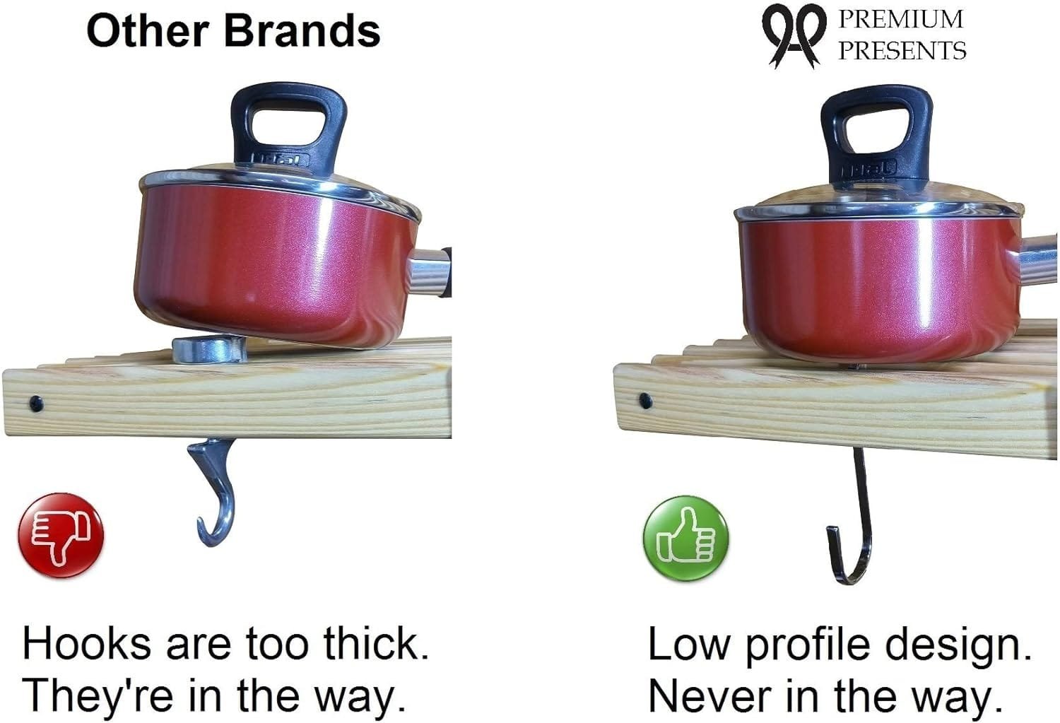 36 wooden wall mounted pot rack with 10 hooks. Wall rack. Pan rack. Hanging pot rack. Wood Pan Pot hanger. Hanging pot holder. Kitchen wall shelf. Kitchen pots pans organizer shelf 36x10 inch chrome