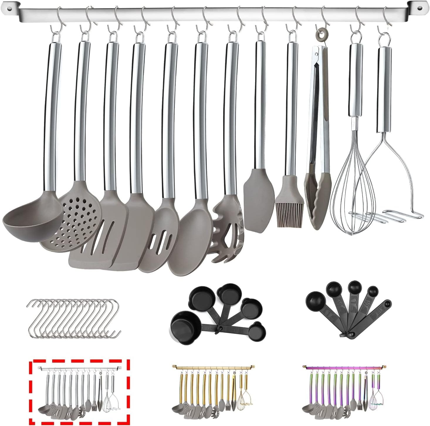 38 Piece Silicone kitchen Cooking Utensils Set with Utensil Rack, Silicone Head and Stainless Steel Handle Cookware, Kitchen Tools for Utensil Sets, Non-Stick kitchen Gadgets, Dishwasher Safe(Silver)