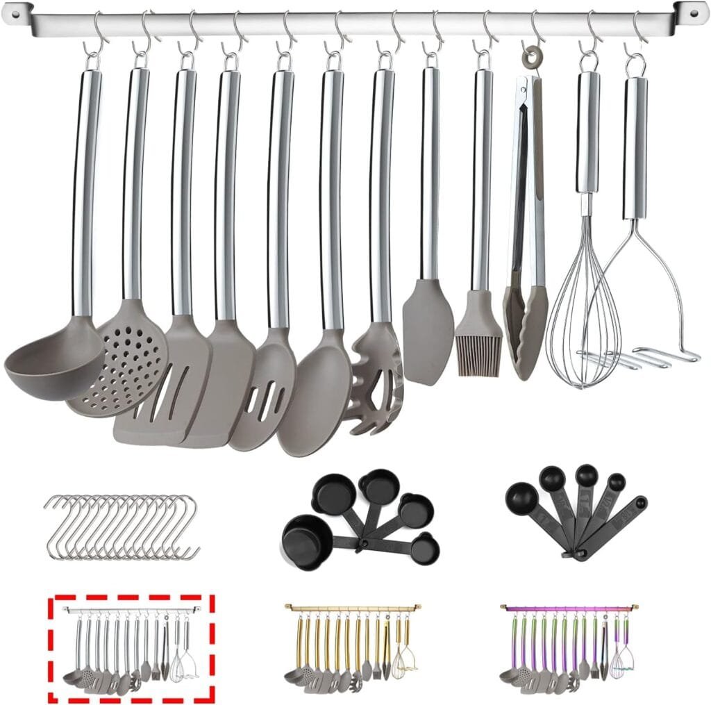 38 Piece Silicone kitchen Cooking Utensils Set with Utensil Rack, Silicone Head and Stainless Steel Handle Cookware, Kitchen Tools for Utensil Sets, Non-Stick kitchen Gadgets, Dishwasher Safe(Silver) 38 Piece Silicone kitchen Cooking Utensils Set with Utensil Rack, Silicone Head and Stainless Steel Handle Cookware, Kitchen Tools for Utensil Sets, Non-Stick kitchen Gadgets, Dishwasher Safe(Silver)