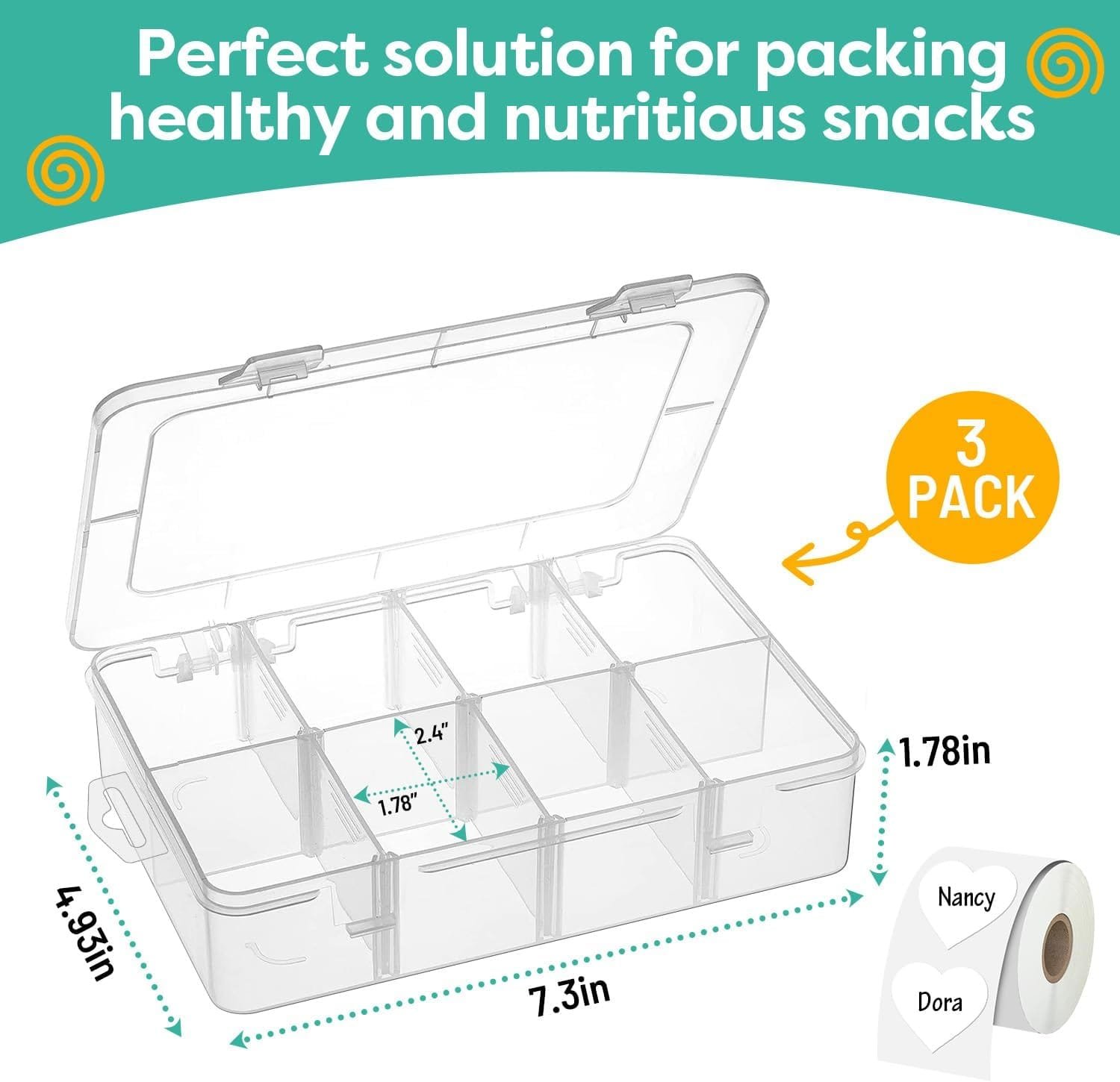 3Pack Snack Box Set for Kids-Reusable Divided Snack Container Box Snackle Box,Snack Solution, Food Storage Container for Kids, School,Travel|Removable Dividers,Dishwasher Safe,BPA-Free,8 Compartments