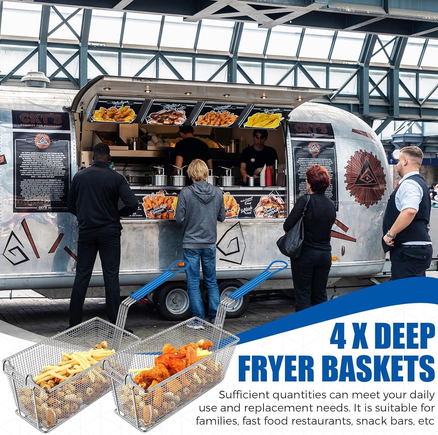 4 Pcs Deep Fryer Basket 13 1/4 x 6 1/2 x 6 with Non-slip Handle Heavy Duty Plated Iron Construction Front Hooks Non-slip Handle for Restaurant Kitchen Chip Fish Commercial Fryer Basket