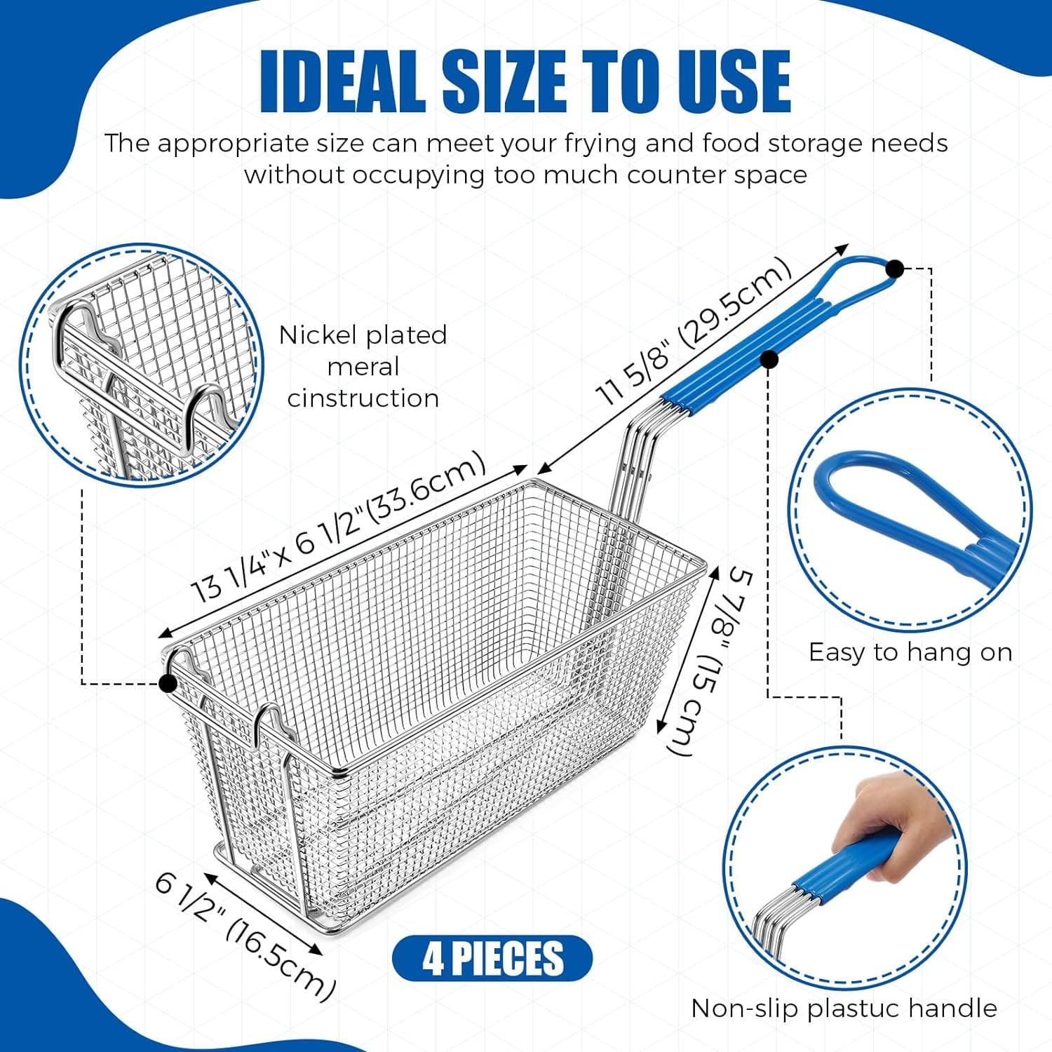 4 Pcs Deep Fryer Basket 13 1/4 x 6 1/2 x 6 with Non-slip Handle Heavy Duty Plated Iron Construction Front Hooks Non-slip Handle for Restaurant Kitchen Chip Fish Commercial Fryer Basket