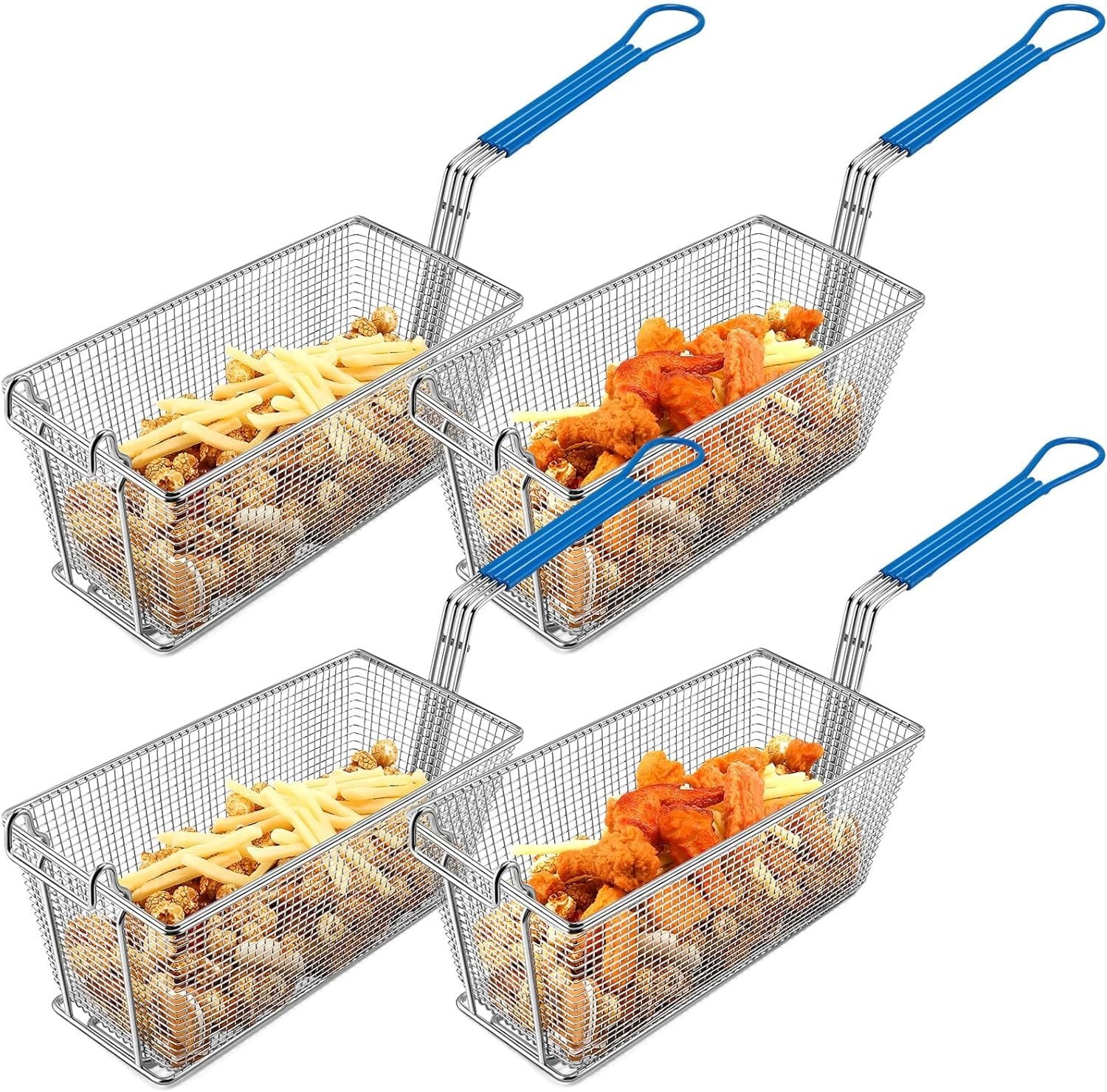 4 Pcs Deep Fryer Basket 13 1/4 x 6 1/2 x 6 with Non-slip Handle Heavy Duty Plated Iron Construction Front Hooks Non-slip Handle for Restaurant Kitchen Chip Fish Commercial Fryer Basket