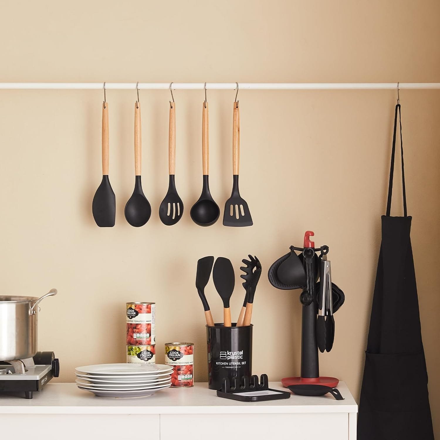 40 Pcs Cooking Utensils Set with Apron Silicone Turner Tong Spatula Spoon Kitchenware Organizer, BPA Free, Non-stick Heat Resistant Kitchen Gadgets Cookware with Natural Wooden Handle, Black 40 Pcs Cooking Utensils Set with Apron Silicone Turner Tong Spatula Spoon Kitchenware Organizer, BPA Free, Non-stick Heat Resistant Kitchen Gadgets Cookware with Natural Wooden Handle, Black