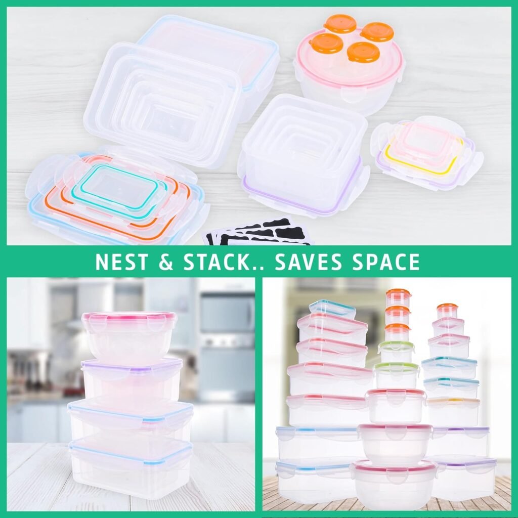 46 PCS Food Storage Containers with Lids Airtight- Plastic Meal Prep Container for Pantry Kitchen Organization-Microwave,Dishwasher,Freezer Safe 100% Leak Proof (23 Stackable Boxes-23 Lids)-Labels Pen