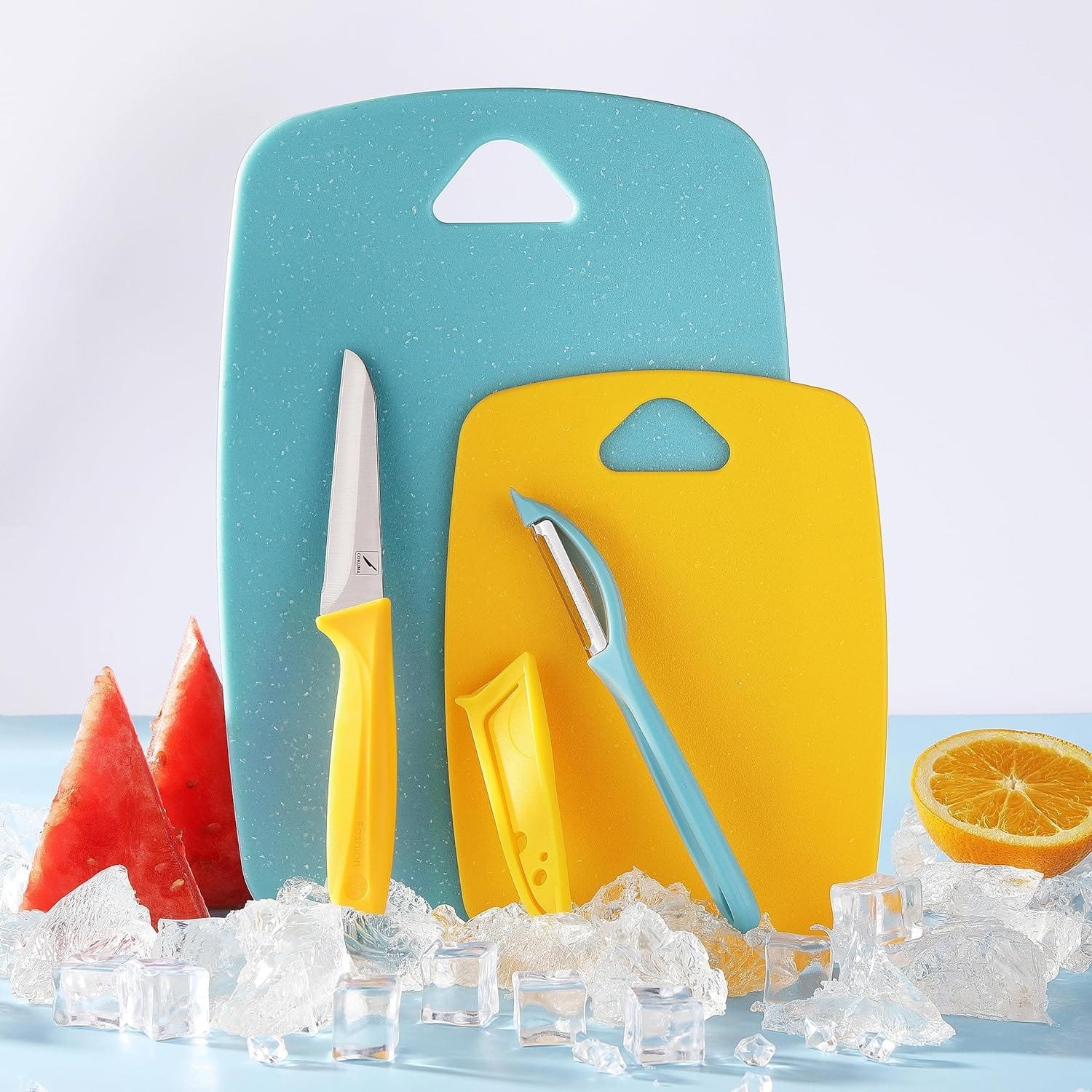 4PCS Cutting Boards for Kitchen, COKUMA Plastic Cutting Board Set, Chopping Board for Meat, Veggies, Fruits, BPA Free, Non-porous, Dishwasher Safe (Blue+Yellow)
