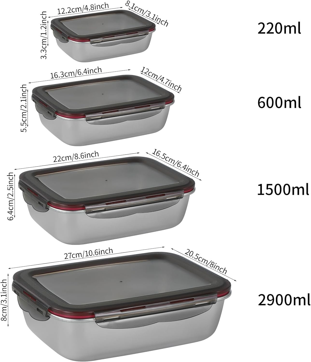 4PCS Stainless steel Food Storage Container with lids - Leakproof  Airtight for Kitchen,Meal Prep Lunch Box, Stackable Leftover Containers for Freezer Oven Safe 220ml/600ml/1500ml/2900ml