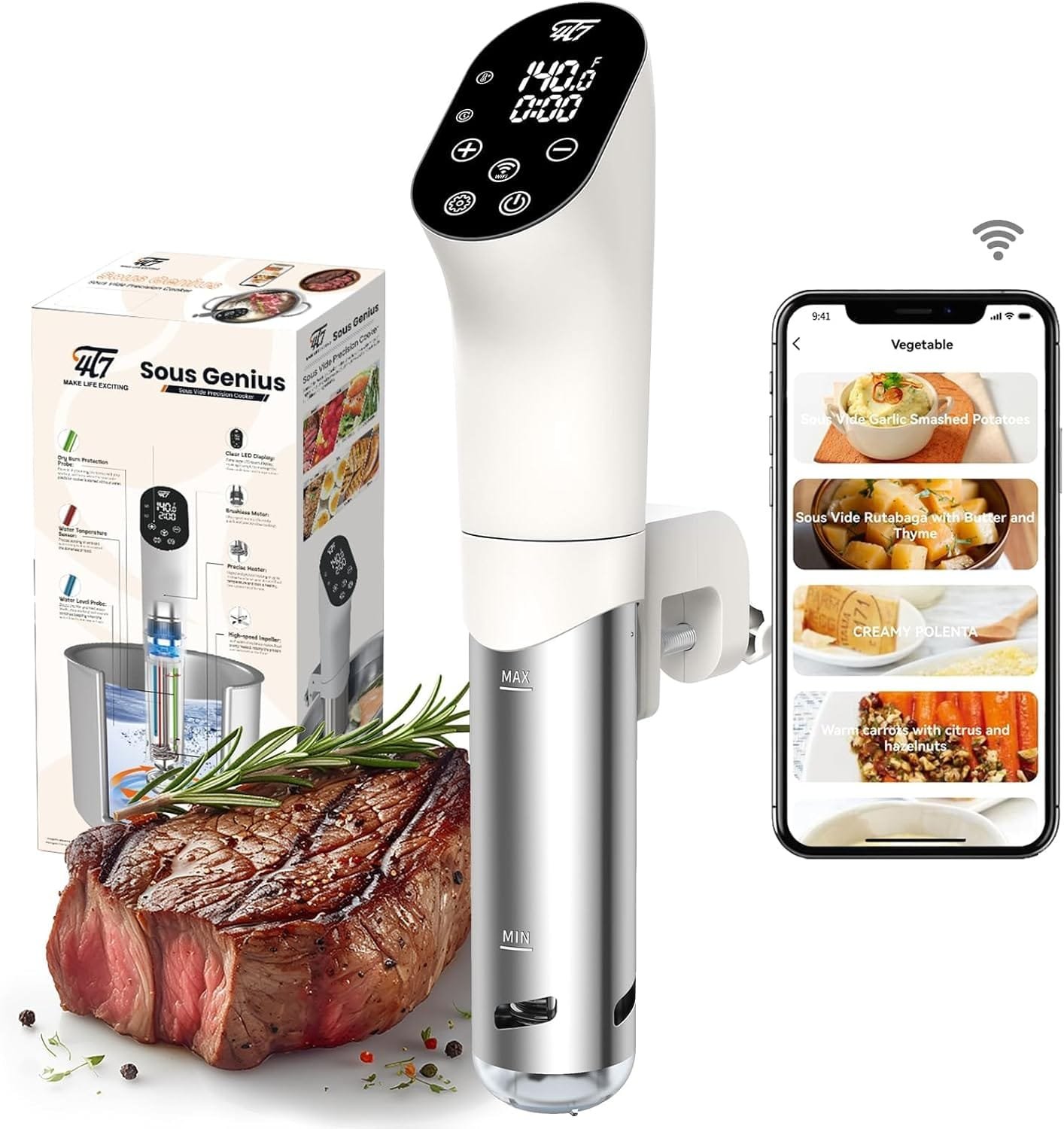 4T7 Sous Vide Machine 1100W, Sous Vide Precision Cooker, Waterproof Wifi App Control, Ultra Quiet Immersion Circulator with Recipes, Accurate Temperature and Time Control with Adjustable Clamp, White