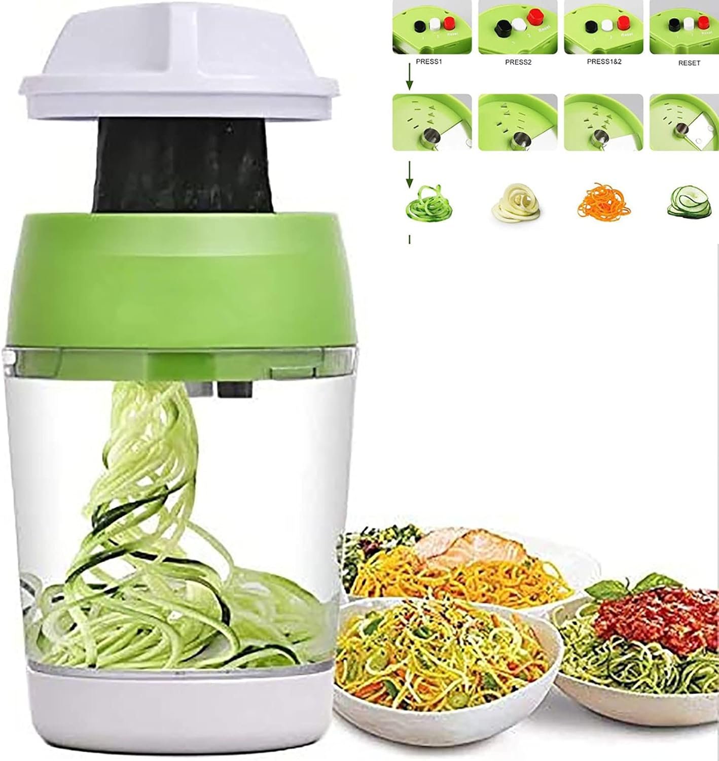 5 in1 Handheld Spiralizer Vegetable Slicer, Green, Plastic, ABS, Stainless Steel