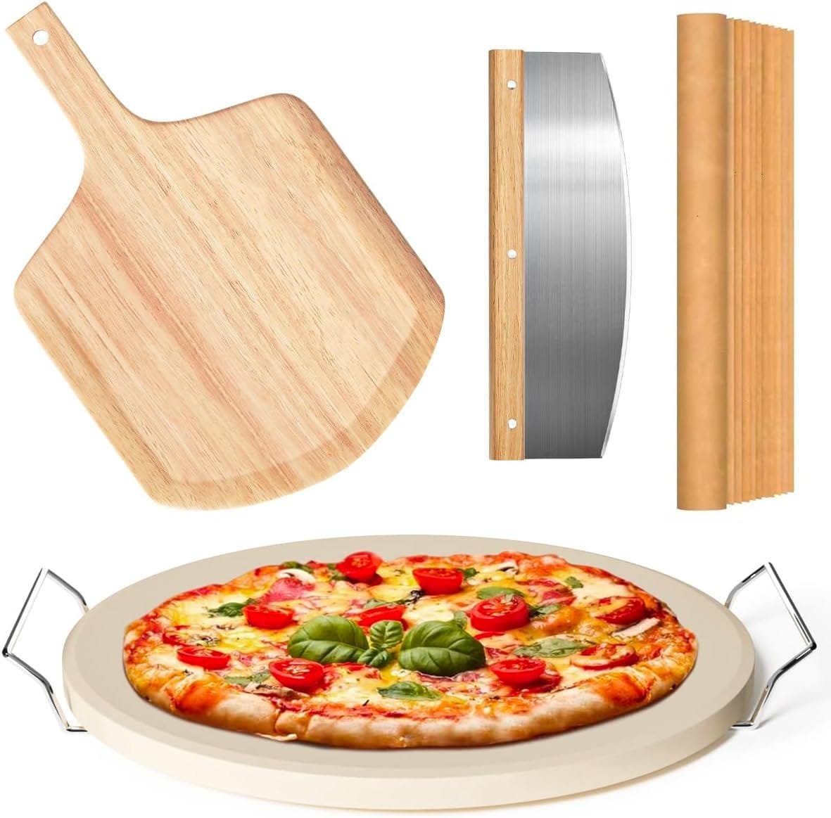 5 PCS Round Pizza Stone Set, 13 Pizza Stone for Oven and Grill with Pizza Peel(OAK),Serving Rack, Pizza Cutter  10pcs Cooking Paper for Free, Baking Stone for Pizza, Bread 5 PCS Round Pizza Stone Set, 13 Pizza Stone for Oven and Grill with Pizza Peel(OAK),Serving Rack, Pizza Cutter  10pcs Cooking Paper for Free, Baking Stone for Pizza, Bread