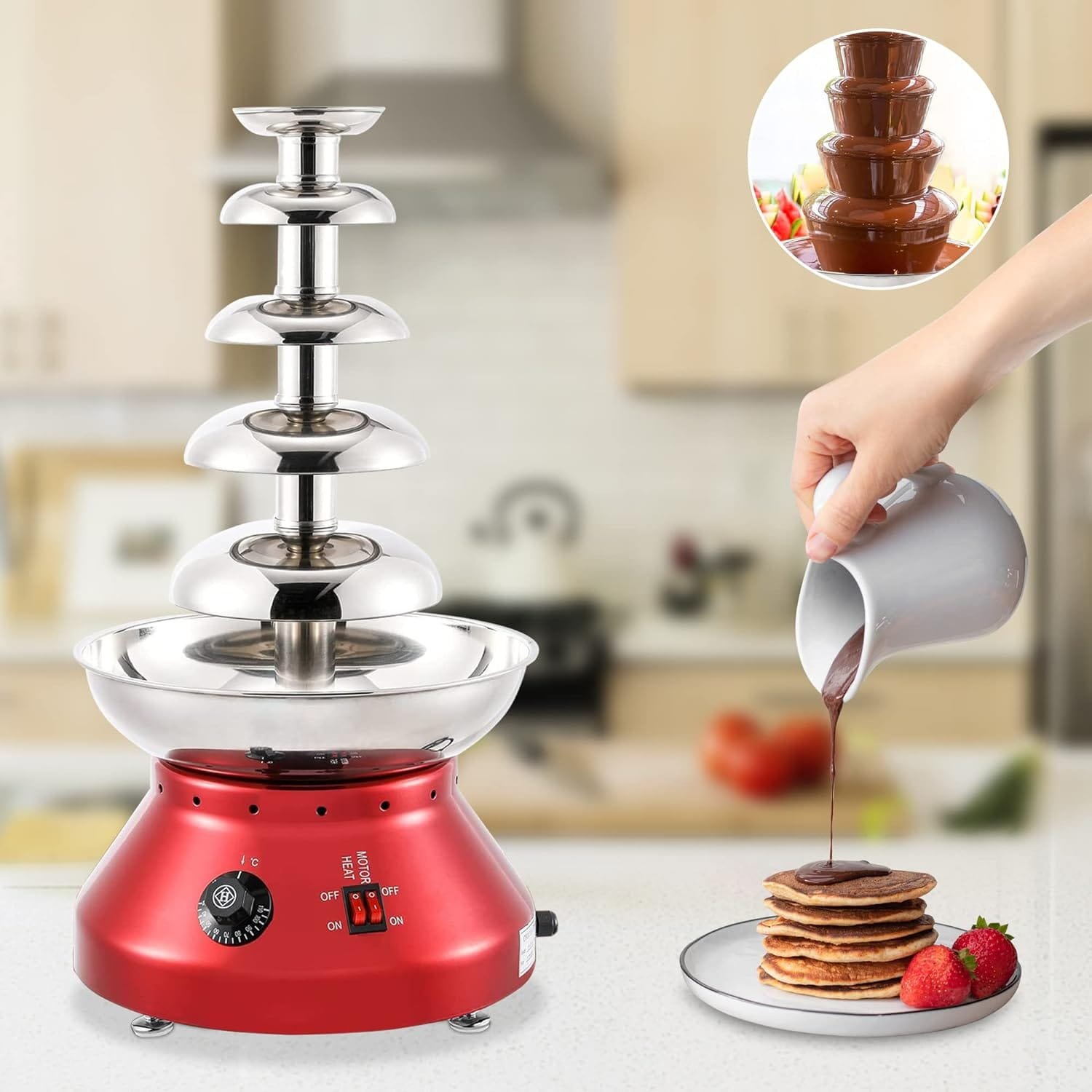 5 Tiers Stainless Steel Chocolate Fondue Fountain,Electric Chocolate Fondue Machine 230W,Adjustable Temperature,Durable Copper Motor,Easy Cleaning,Low Noise Operation 5 Tiers Stainless Steel Chocolate Fondue Fountain,Electric Chocolate Fondue Machine 230W,Adjustable Temperature,Durable Copper Motor,Easy Cleaning,Low Noise Operation