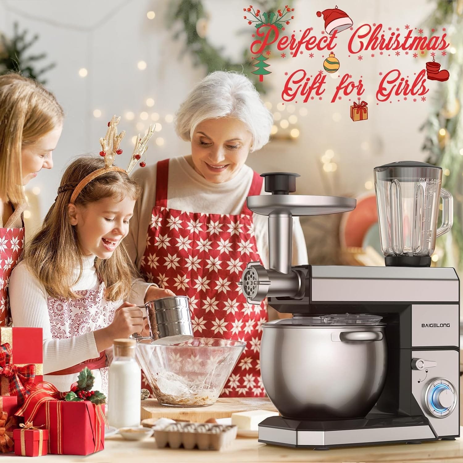 6-IN-1 Stand Mixer, 8.5 Qt. 1500W Multifunctional Electric Kitchen Mixer,With Dough Hook, Whisk, Beater, Meat Grinder, Blender, Splash Guard 9 Accessories for Most Home Cooks