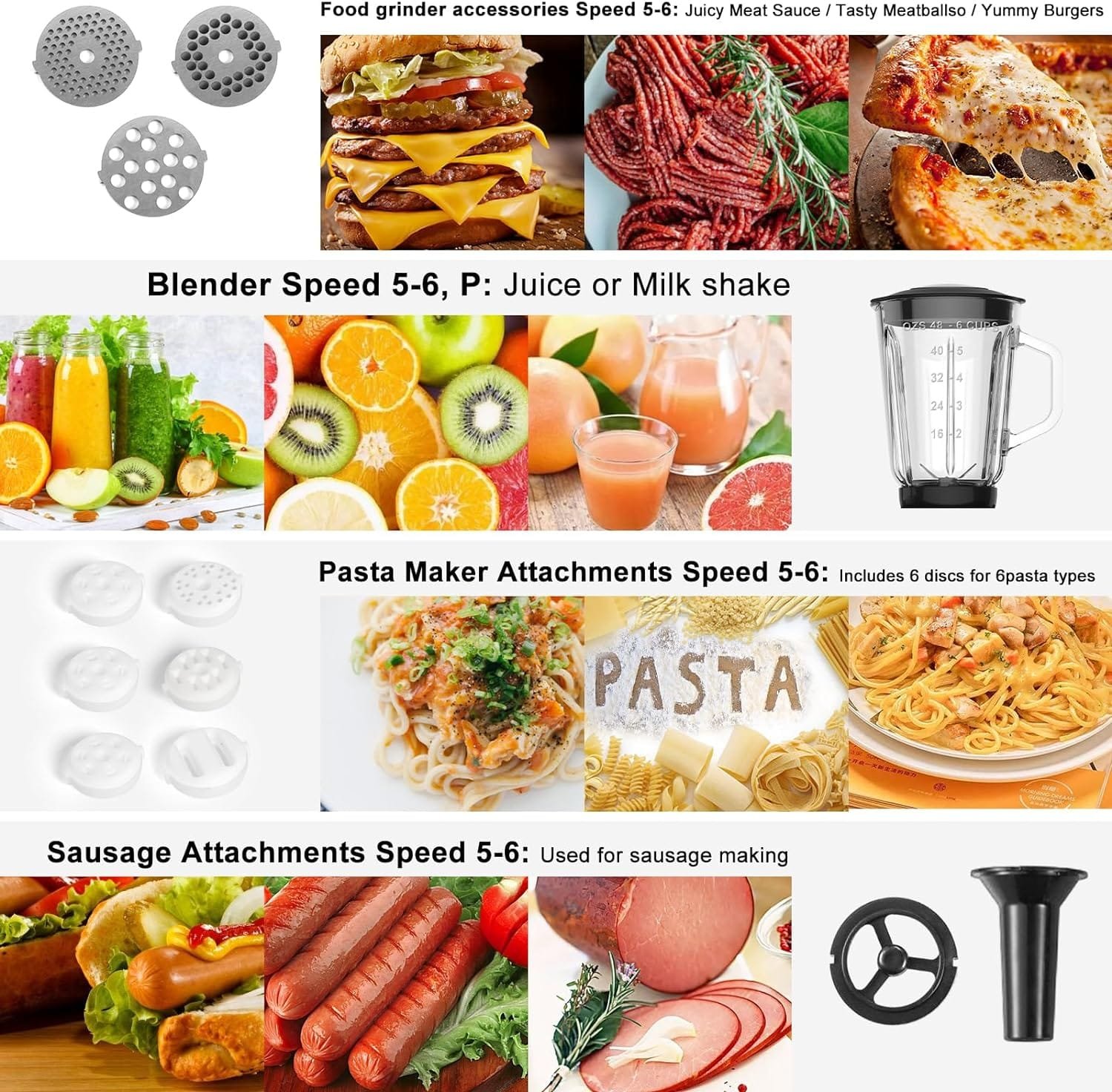 6-IN-1 Stand Mixer, 8.5 Qt. 1500W Multifunctional Electric Kitchen Mixer,With Dough Hook, Whisk, Beater, Meat Grinder, Blender, Splash Guard 9 Accessories for Most Home Cooks