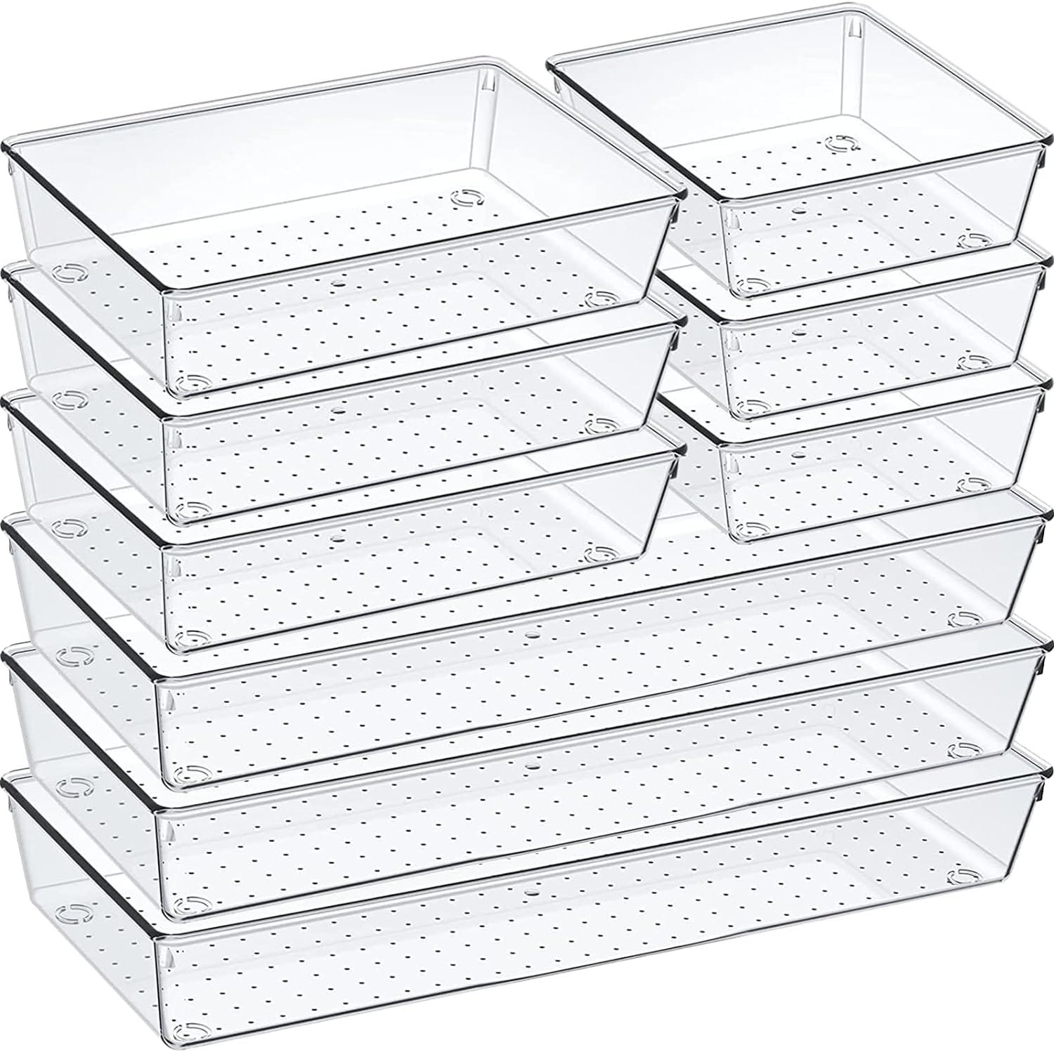 6 Pack Clear Plastic Drawer Organizer Set, Acrylic Non Slip Non Cracking Kitchen Drawer Storage Tray Large Size Divider, Multifunctional Storage for Cosmetics, Bathroom, Tools, Kitchen and Office