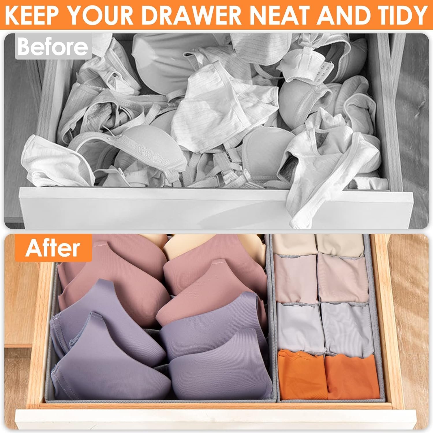 6 Pack Sock Underwear Drawer Organizer Dividers, 58 Cell Foldable Fabric Dresser Closet Organizers and Storage Bins for Clothing, Baby Clothes, Bra, Panty, Scarf, Ties (Grey) 6 Pack Sock Underwear Drawer Organizer Dividers, 58 Cell Foldable Fabric Dresser Closet Organizers and Storage Bins for Clothing, Baby Clothes, Bra, Panty, Scarf, Ties (Grey)