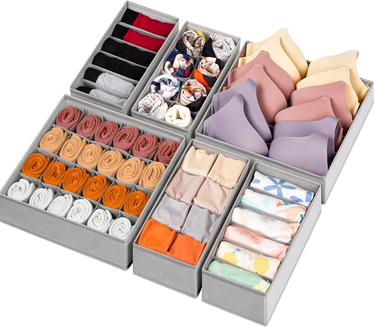 6 Pack Sock Underwear Drawer Organizer Dividers, 58 Cell Foldable Fabric Dresser Closet Organizers and Storage Bins for Clothing, Baby Clothes, Bra, Panty, Scarf, Ties (Grey) 6 Pack Sock Underwear Drawer Organizer Dividers, 58 Cell Foldable Fabric Dresser Closet Organizers and Storage Bins for Clothing, Baby Clothes, Bra, Panty, Scarf, Ties (Grey)
