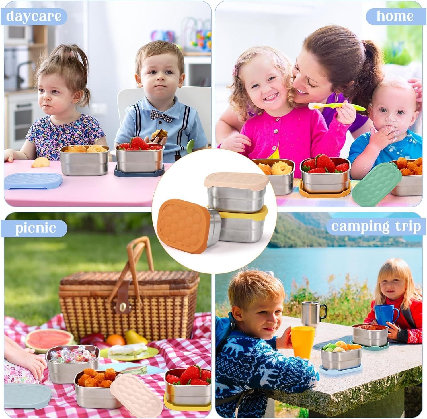 6 Pcs 8oz Multicolor Stainless Steel Snack Containers for Kids Reusable Food Containers with Silicone Lids Metal Toddler Lunch Box for Daycare and School Storage Supplies(Vivid Color)