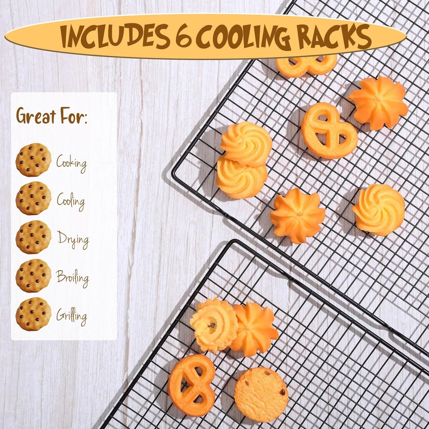 6 Pieces Cooling Racks for Cooking and Baking Oven Safe Grid Wire Set Heavy Duty Carbon Steel Nonstick Baking Rack for Roasting Cooking Grilling Drying (16 x 9.8 Inches)