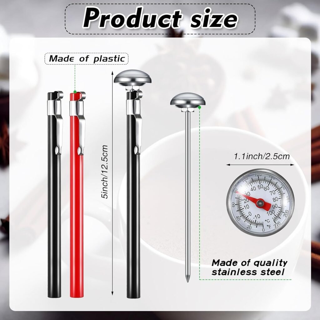 6 Pieces Stainless Steel Kitchen Thermometer with Red 5 Inches Long Stem1 Inch Dial Thermometer Milk Frothing Food Thermometer for Oven Probe Meat Foam Grill BBQ Cooking Chocolate Water