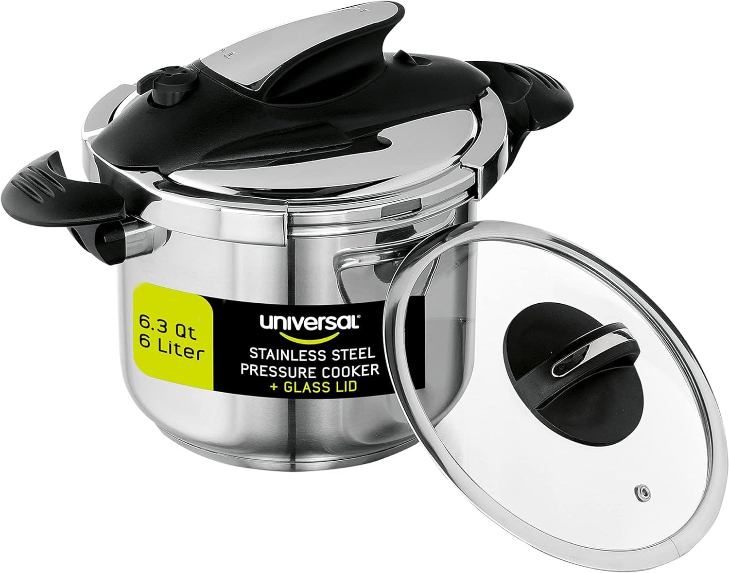 6.3 Quart / 6 Liter Stainless Steel Easy Use Pressure Cooker + Extra Glass Lid, Induction Compatible, Pressure Cooker  Multipurpose Pot, 7 servings, Pressure Canner