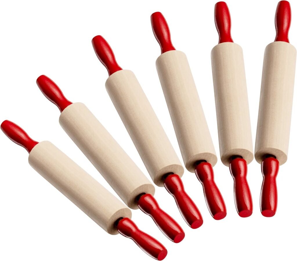 7.5 Inch Kids Wooden Rolling Pins - (Pack of 6) Mini Rolling Pin Set for Crafts, Baking, Cooking, Dough, Art - Wood Rolling Pin with Handles for Kitchen or Childrens Imaginative Play