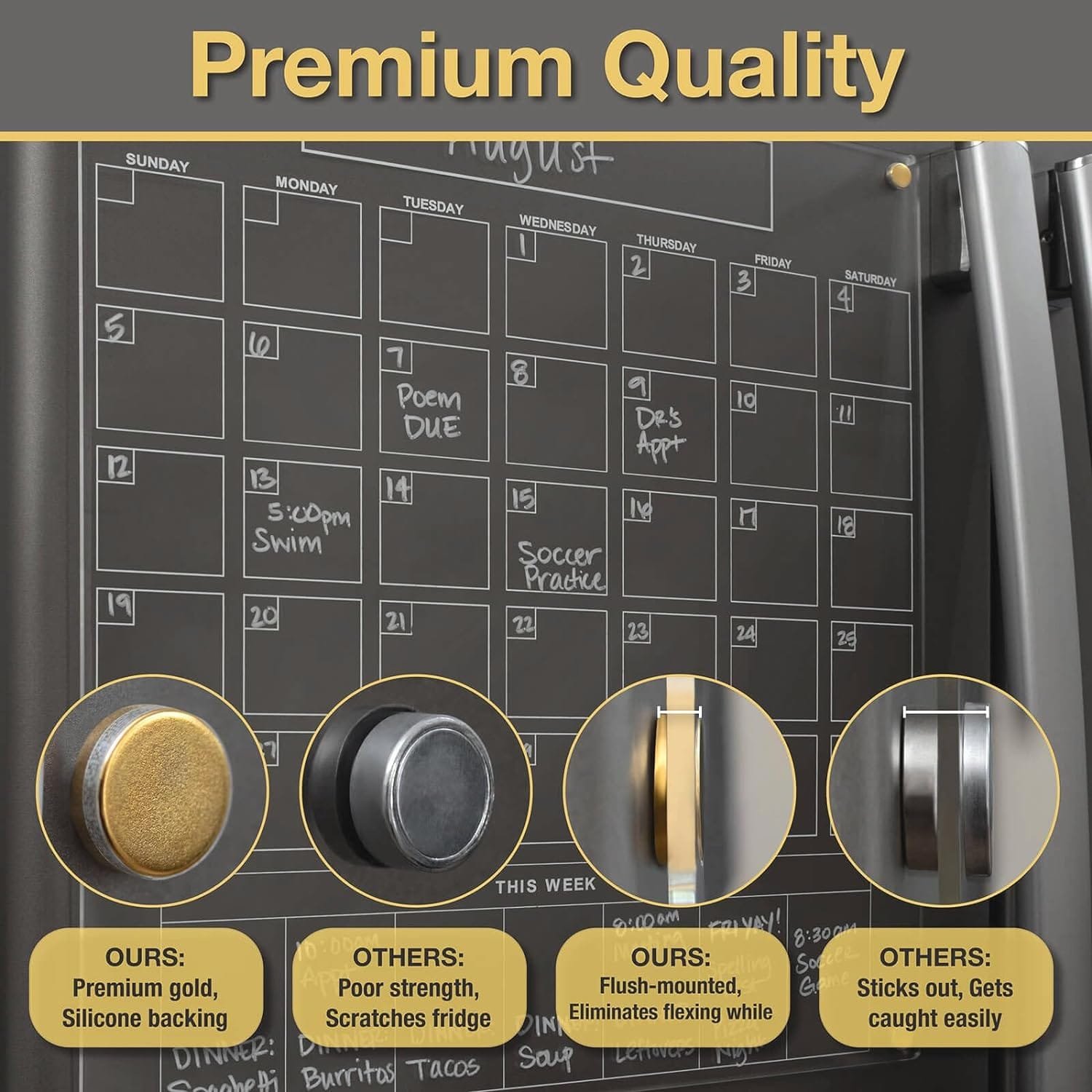 Acrylic Calendar for Fridge | Vertical Magnetic Calendar for Fridge  Planner | Acrylic Calendar for refrigerator w/Monthly Grid  Weekly Section | 15 in x 17 in Clear Fridge Calendar | Gold Magnets