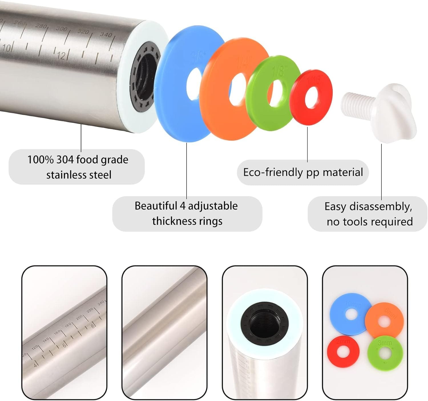 Adjustable Rolling Pin With 4 Thickness Rings, Stainless Steel Dough Roller Pizza Roller Handle Press Design With Measurement Guide For Baking, Fondant, Pizza, Pie Crust, Cookie Adjustable Rolling Pin With 4 Thickness Rings, Stainless Steel Dough Roller Pizza Roller Handle Press Design With Measurement Guide For Baking, Fondant, Pizza, Pie Crust, Cookie