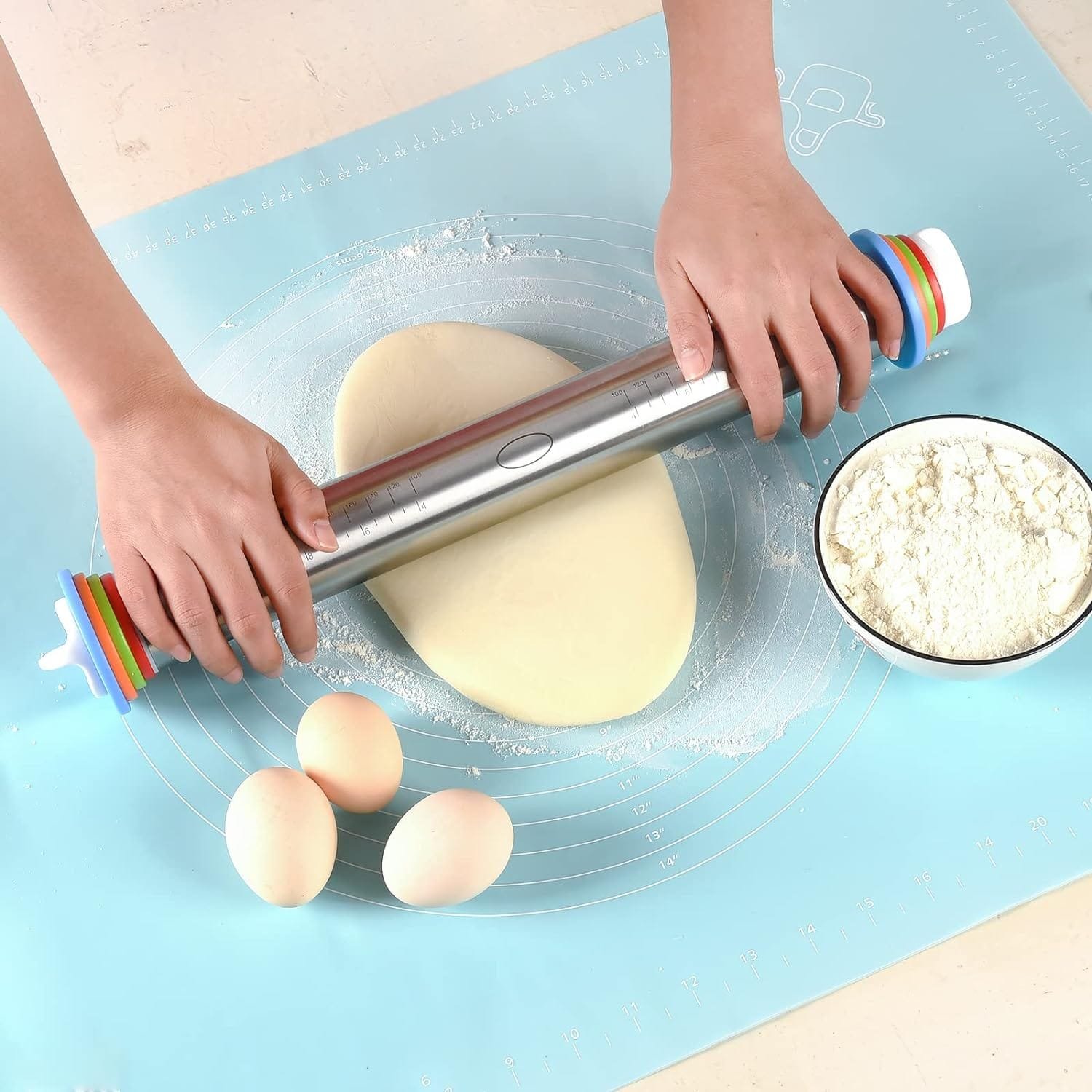 Adjustable Rolling Pin With 4 Thickness Rings, Stainless Steel Dough Roller Pizza Roller Handle Press Design With Measurement Guide For Baking, Fondant, Pizza, Pie Crust, Cookie Adjustable Rolling Pin With 4 Thickness Rings, Stainless Steel Dough Roller Pizza Roller Handle Press Design With Measurement Guide For Baking, Fondant, Pizza, Pie Crust, Cookie