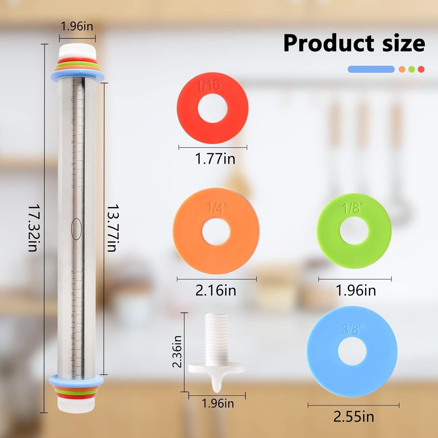 Adjustable Rolling Pin With 4 Thickness Rings, Stainless Steel Dough Roller Pizza Roller Handle Press Design With Measurement Guide For Baking, Fondant, Pizza, Pie Crust, Cookie Adjustable Rolling Pin With 4 Thickness Rings, Stainless Steel Dough Roller Pizza Roller Handle Press Design With Measurement Guide For Baking, Fondant, Pizza, Pie Crust, Cookie