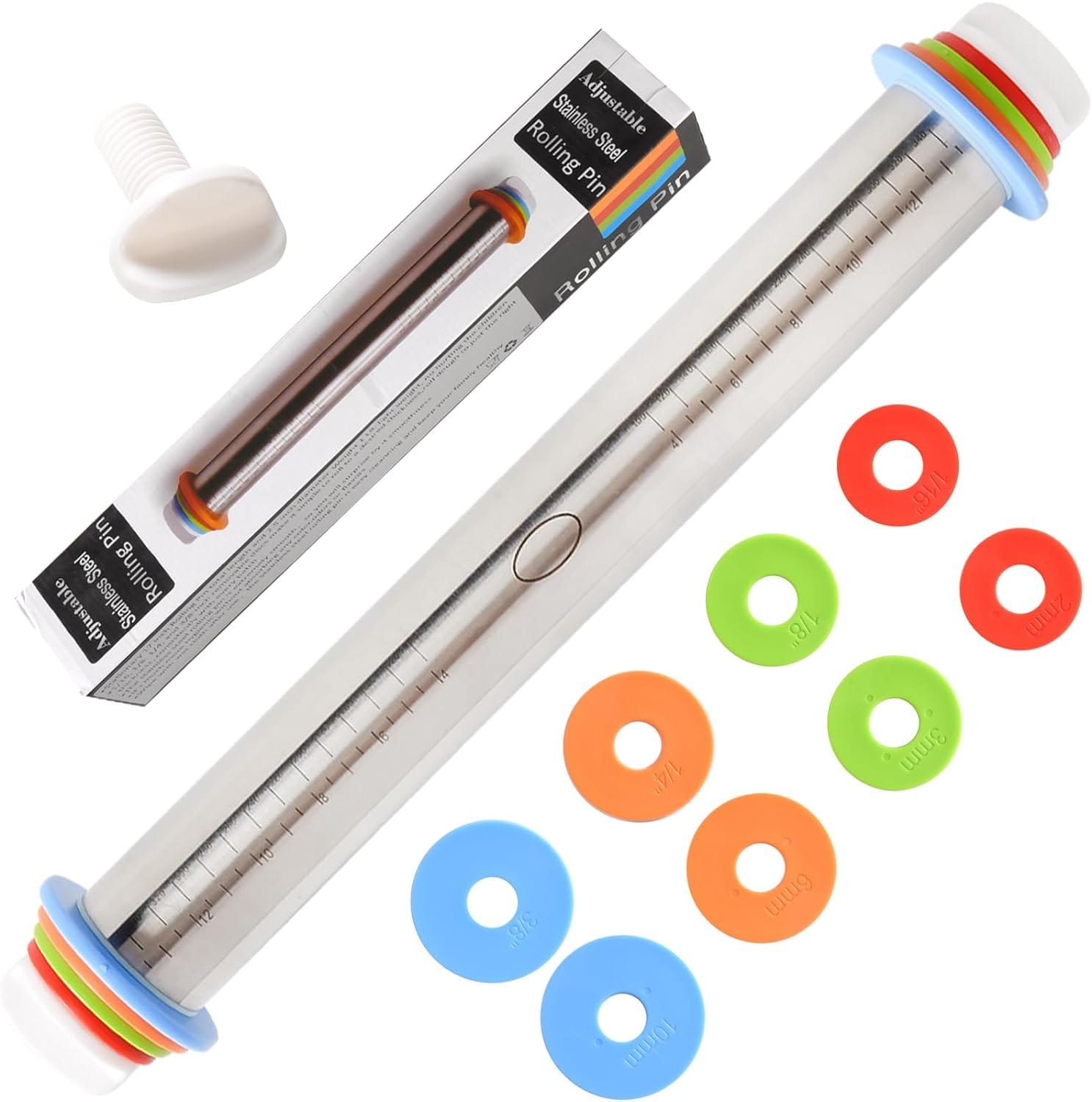 Adjustable Rolling Pin With 4 Thickness Rings, Stainless Steel Dough Roller Pizza Roller Handle Press Design With Measurement Guide For Baking, Fondant, Pizza, Pie Crust, Cookie Adjustable Rolling Pin With 4 Thickness Rings, Stainless Steel Dough Roller Pizza Roller Handle Press Design With Measurement Guide For Baking, Fondant, Pizza, Pie Crust, Cookie