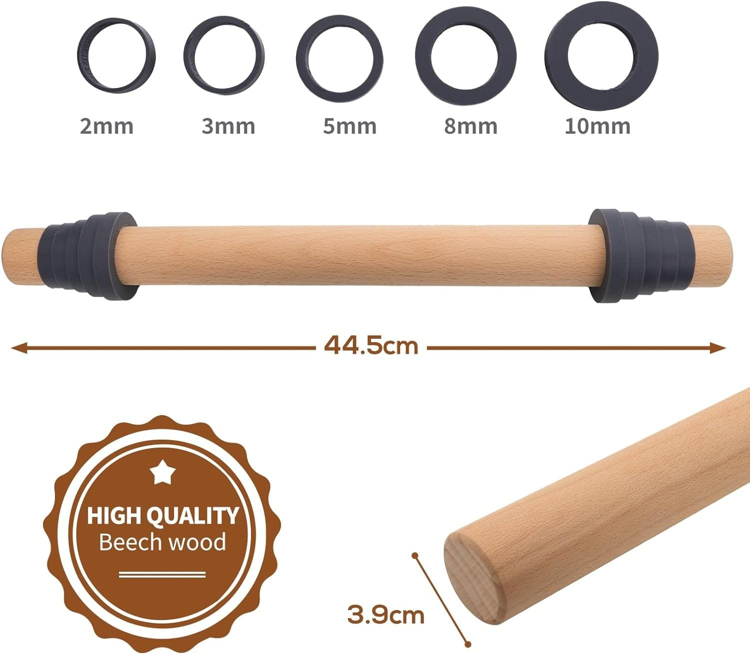 Adjustable Wood Rolling Pin with Thickness Rings for Baking -Non Stick Wooden Dough Roller Pin with Spacer Bands for Cookie,Pie Crust, Pastry Fondant and Bread By Folksy Super Kitchen (15.8, Grey)
