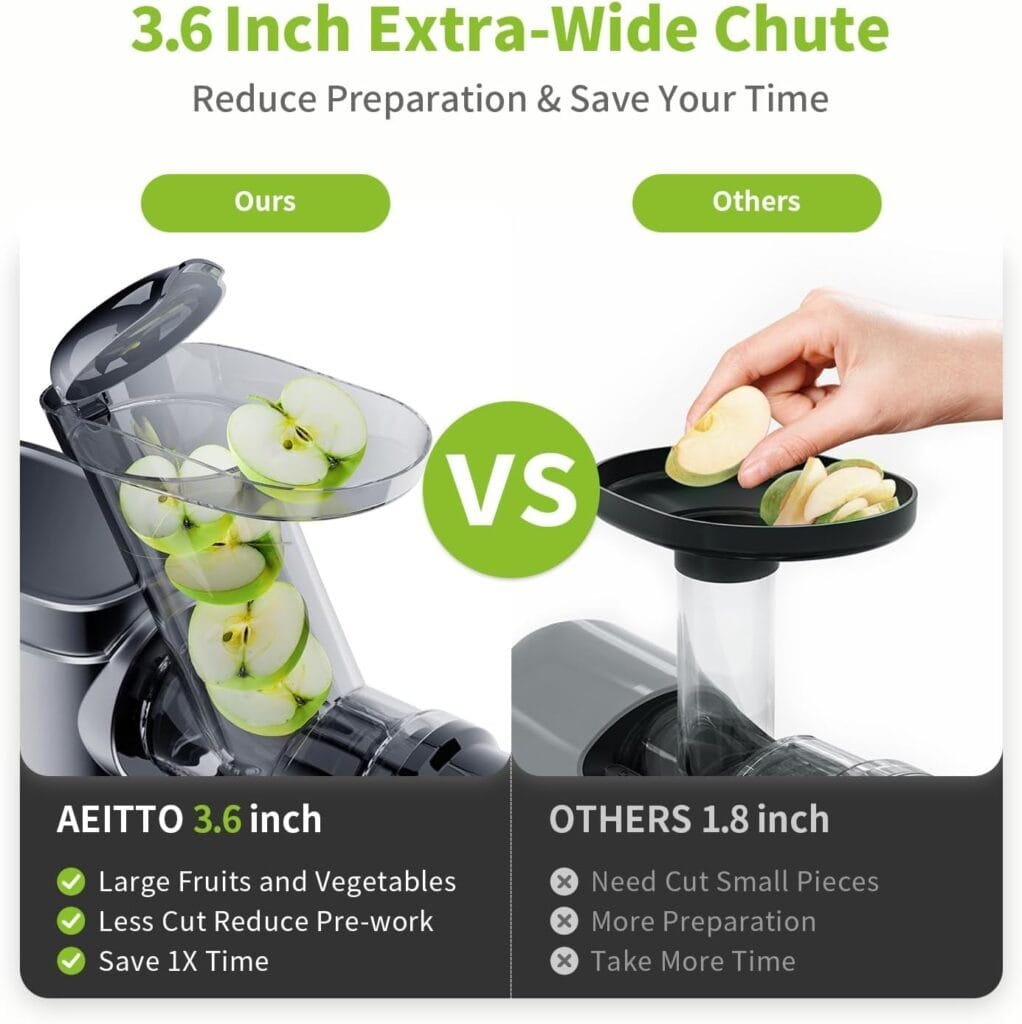 Aeitto Cold Press Juicer Machines, 3.6 Inch Wide Chute, Large Capacity, High Juice Yield, 2 Masticating Juicer Modes, Easy to Clean Slow Juicer for Vegetable and Fruit (Sliver)