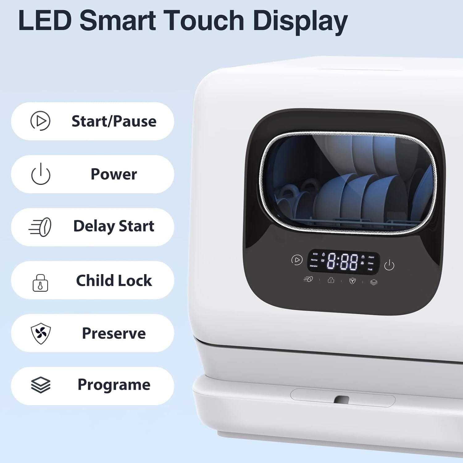 AGLUCKY Countertop Dishwasher, Portable Dishwasher with 1.9Gal Smart Water Tank, Small Dishwasher with 6 Programs, No Hookup Needed, 24H Timing, Air-Drying, 360° Deep Cleaning, for Dorms, Kitchenettes