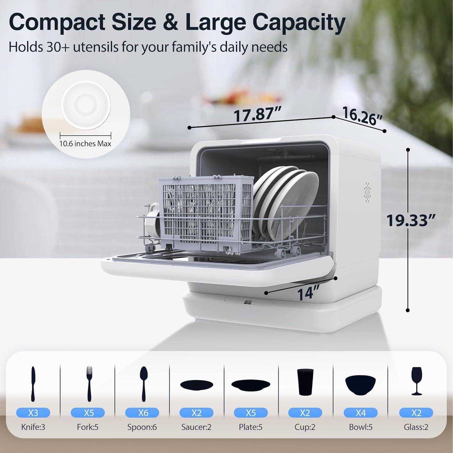 AGLUCKY Countertop Dishwasher, Portable Dishwasher with 1.9Gal Smart Water Tank, Small Dishwasher with 6 Programs, No Hookup Needed, 24H Timing, Air-Drying, 360° Deep Cleaning, for Dorms, Kitchenettes