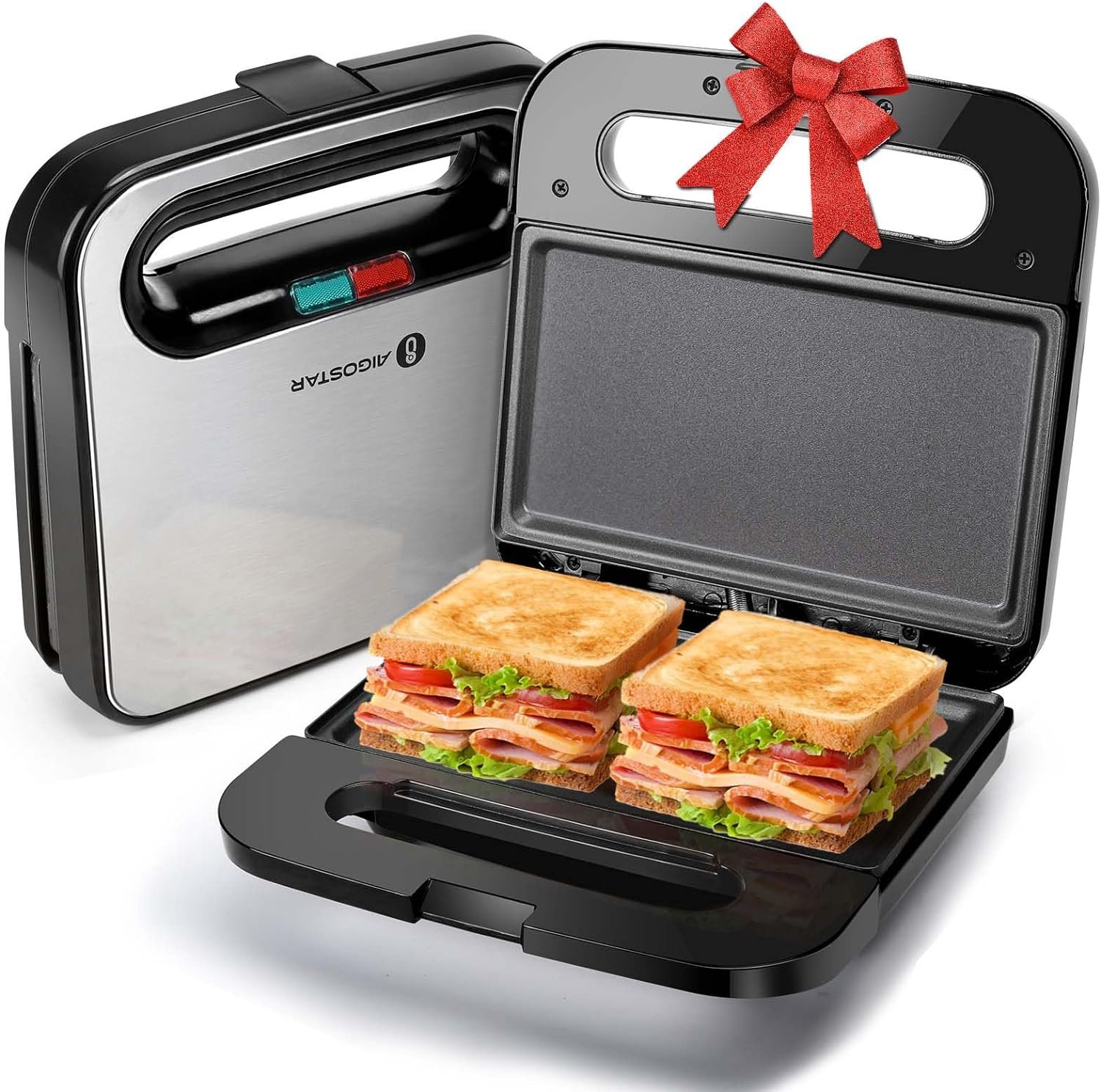 Aigostar Sandwich Maker, Non-Stick Panini Press Sandwich Maker Breakfast Grilled Cheese Maker, Stainless Steel Tostadora de Pan