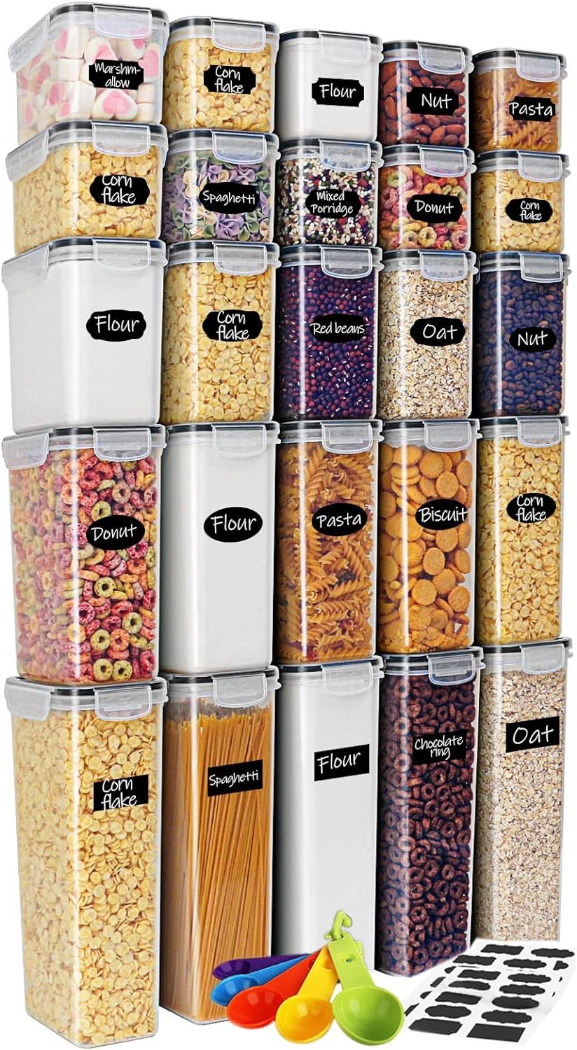 Airtight Food Storage Containers 25-Piece Set, Kitchen  Pantry Organization, BPA Free Plastic Storage Containers with Lids, for Cereal, Flour, Sugar, Baking Supplies, Labels  Measuring Cups