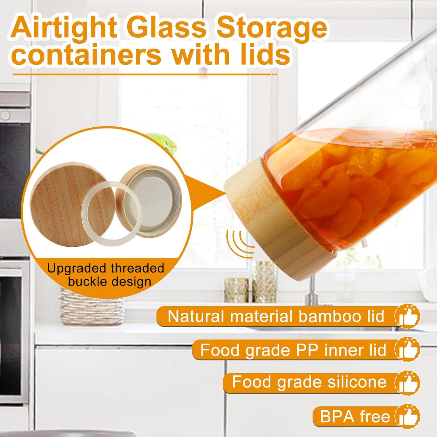 AISIPRIN Glass Storage Containers with Lids, Airtight Glass Jars with Screw On Bamboo Lid,Cookie Jars,Pasta,Cereal,Sugar Flour Containers Storage, 1Pcs 80oz 2Pcs 50oz 2Pcs 27oz Kitchen Food Canisters