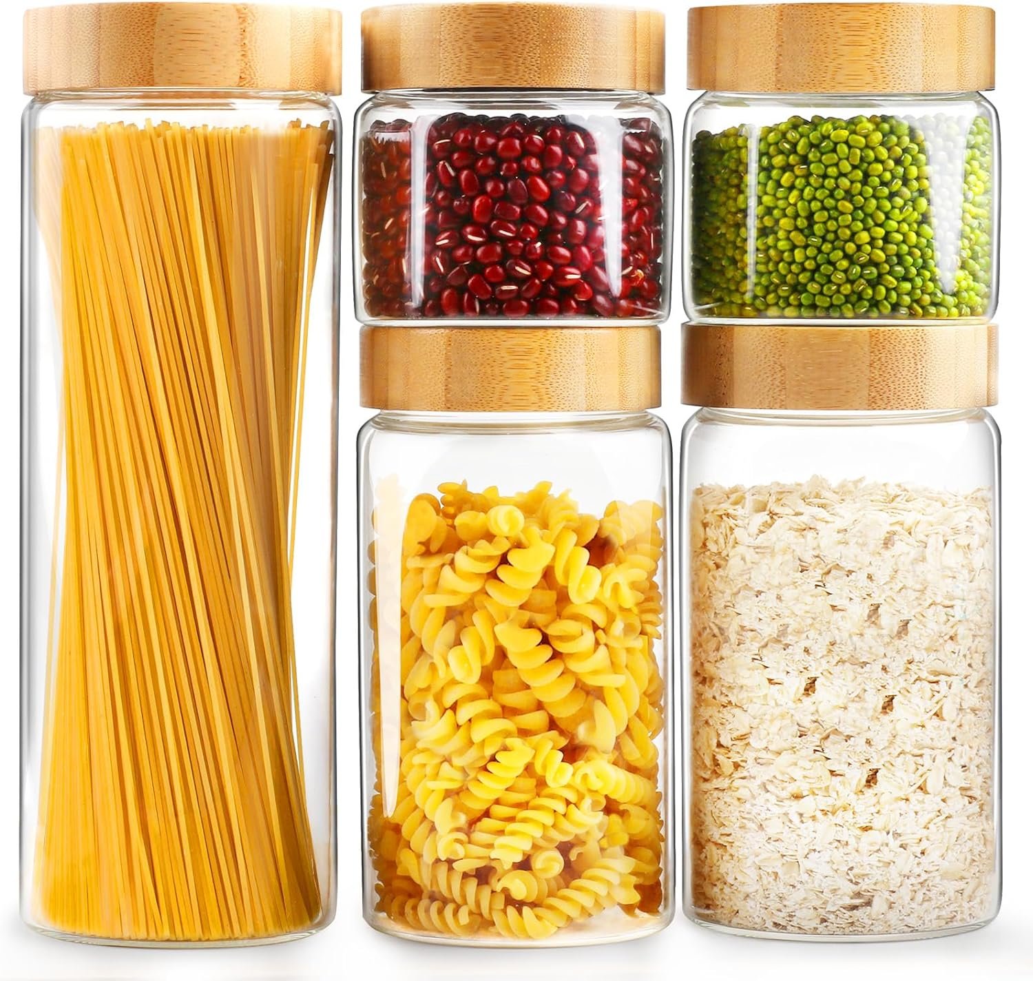 AISIPRIN Glass Storage Containers with Lids, Airtight Glass Jars with Screw On Bamboo Lid,Cookie Jars,Pasta,Cereal,Sugar Flour Containers Storage, 1Pcs 80oz 2Pcs 50oz 2Pcs 27oz Kitchen Food Canisters