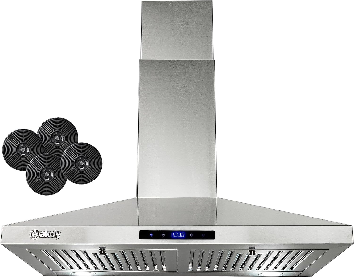 AKDY 30 in. Wall Mount Range Hood, 3-Speed Fan and LED Lights in Stainless Steel, Convertible Range Hood Ducted to Ductless with 2-Sets of Carbon Filters AKDY 30 in. Wall Mount Range Hood, 3-Speed Fan and LED Lights in Stainless Steel, Convertible Range Hood Ducted to Ductless with 2-Sets of Carbon Filters