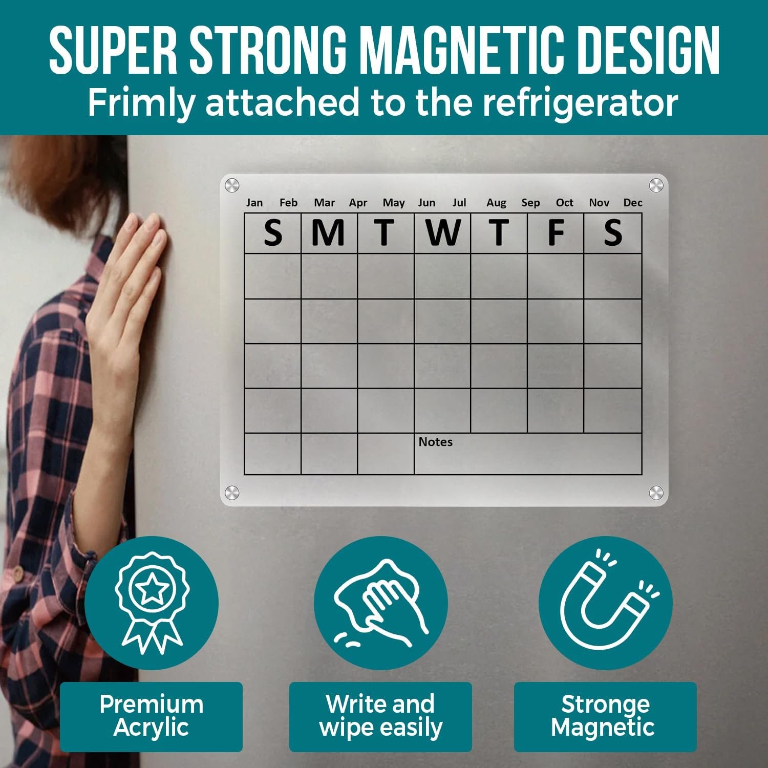 Alacrisa Magnetic Acrylic Calendar for Fridge Refrigerator, 12x16 Clear fridge Calendar, Dry Erase Magnetic Planning Board Set Includes 6 Colorful Markers, Magnetic Pen Holder and Erase Towel + hook Alacrisa Magnetic Acrylic Calendar for Fridge Refrigerator, 12x16 Clear fridge Calendar, Dry Erase Magnetic Planning Board Set Includes 6 Colorful Markers, Magnetic Pen Holder and Erase Towel + hook