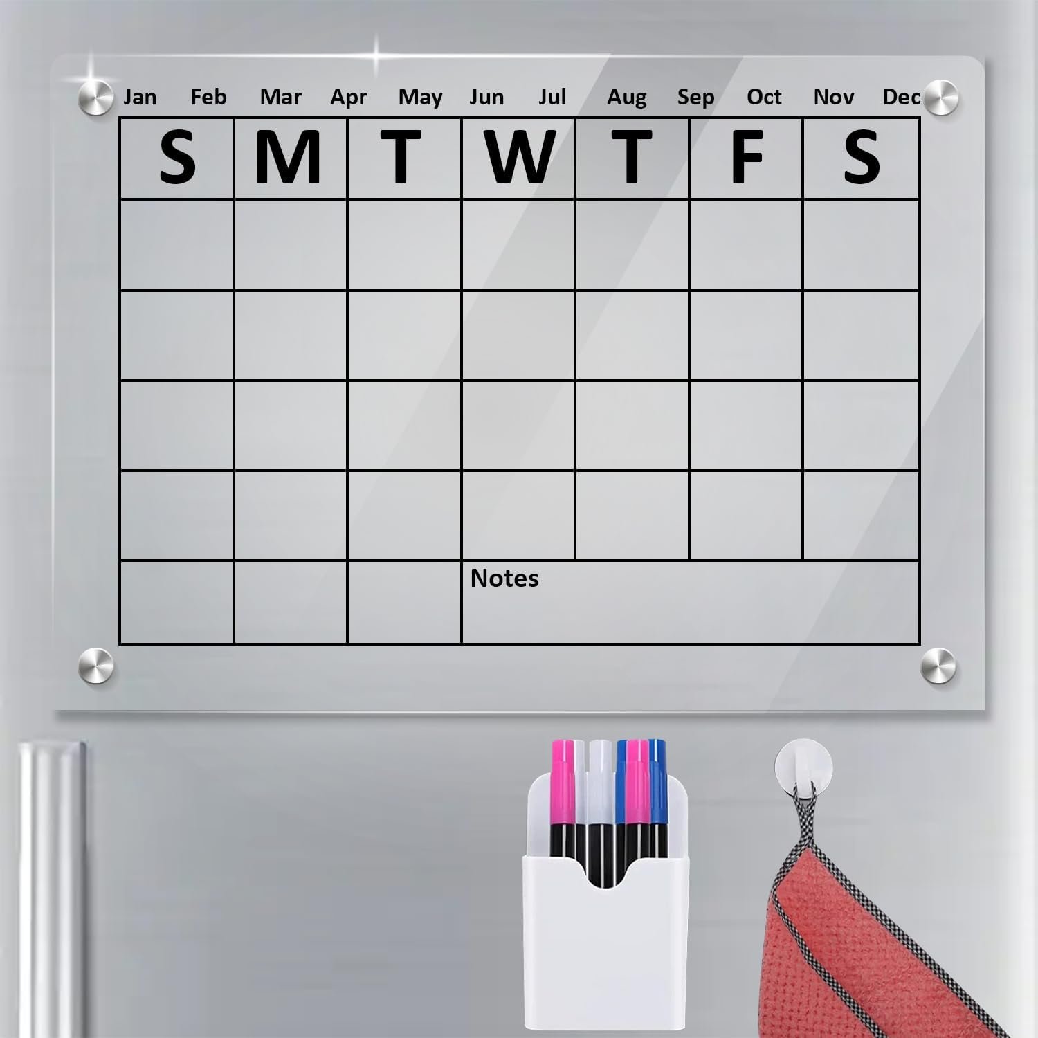 Alacrisa Magnetic Acrylic Calendar for Fridge Refrigerator, 12x16 Clear fridge Calendar, Dry Erase Magnetic Planning Board Set Includes 6 Colorful Markers, Magnetic Pen Holder and Erase Towel + hook Alacrisa Magnetic Acrylic Calendar for Fridge Refrigerator, 12x16 Clear fridge Calendar, Dry Erase Magnetic Planning Board Set Includes 6 Colorful Markers, Magnetic Pen Holder and Erase Towel + hook