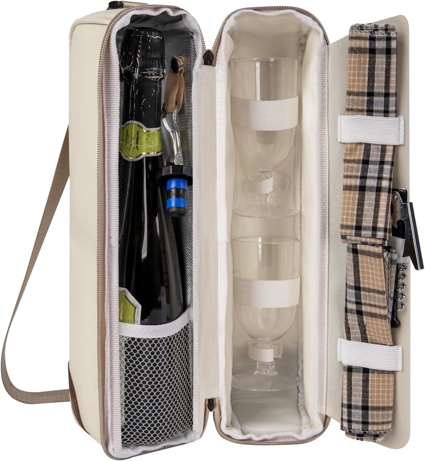 ALLCAMP Wine Tote Bag with Cooler Compartment，Picnic Set Carrying Two Sets of Tableware（Cream-Colored）