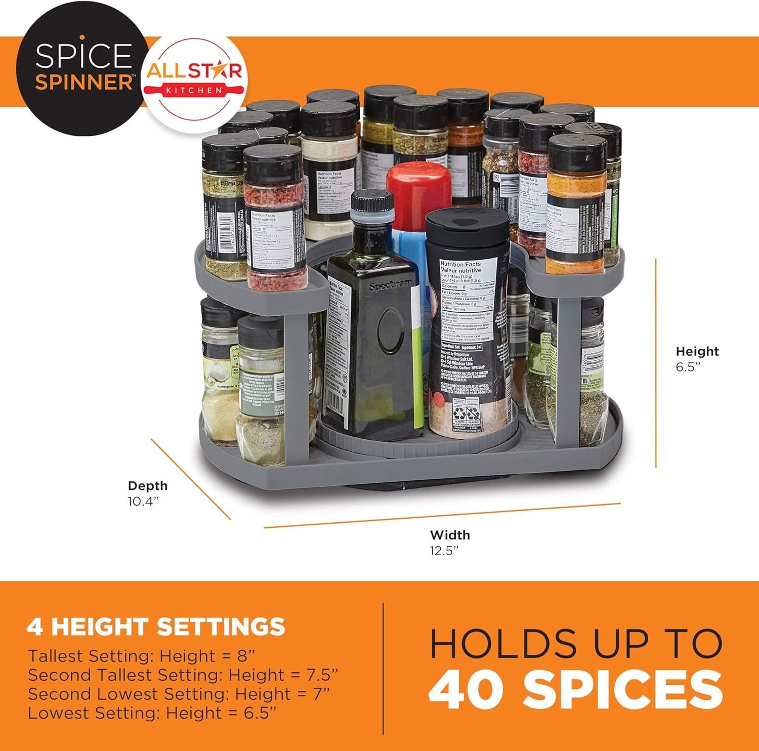 Allstar Innovations Spice Spinner Two-Tiered Spice Organizer Holder That Saves Space, Keeps Everything Neat, Organized Within Reach With Dual Spin Turntables- Grey Allstar Innovations Spice Spinner Two-Tiered Spice Organizer Holder That Saves Space, Keeps Everything Neat, Organized Within Reach With Dual Spin Turntables- Grey